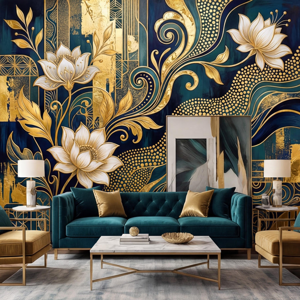 Art Deco Teal Navy & Gold Lotus Flowers Peel and Stick Wall Mural, Glam Geometric Floral Wallpaper, Bedroom Living Room Deco