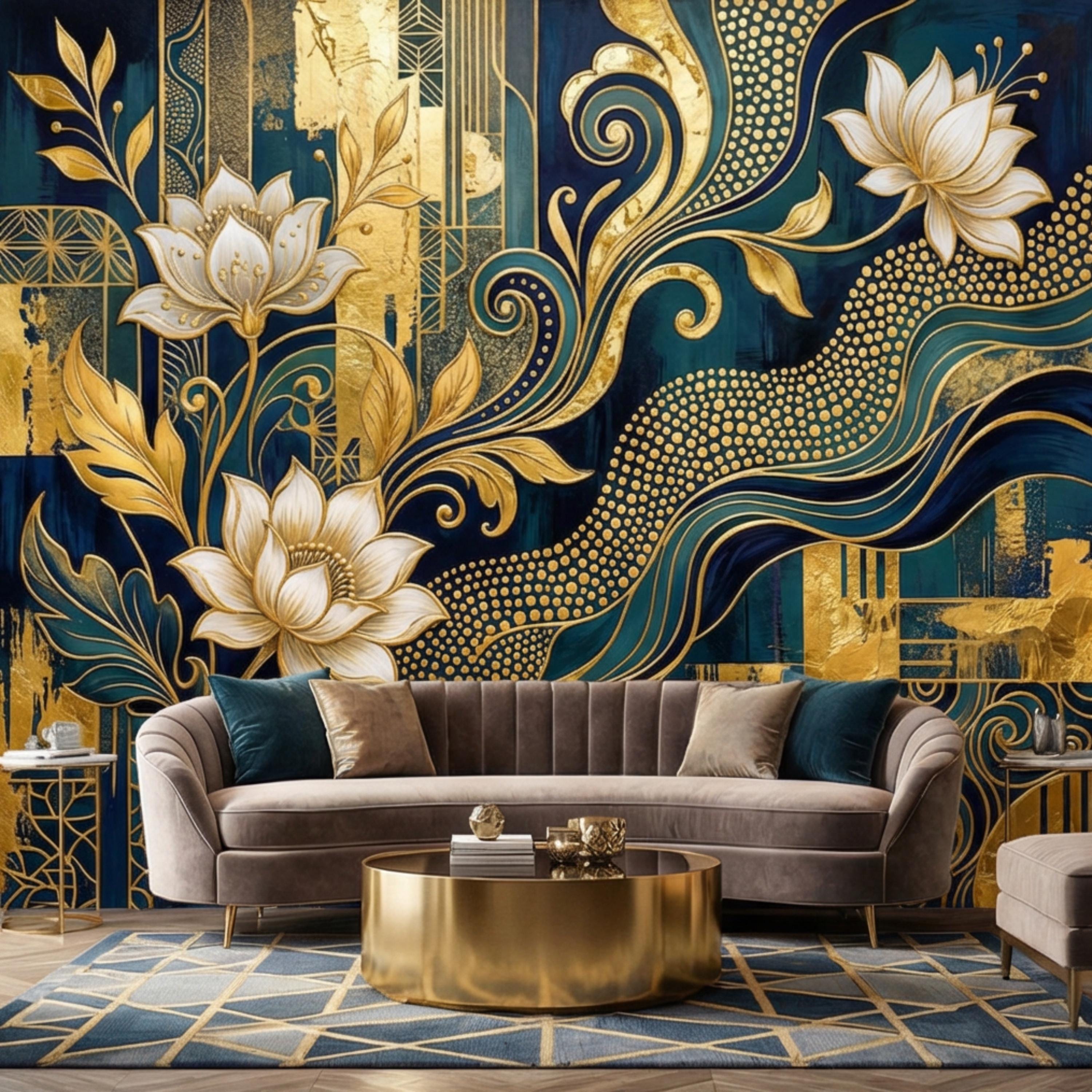 Art Deco Teal Navy & Gold Lotus Flowers Peel and Stick Wall Mural, Glam Geometric Floral Wallpaper, Bedroom Living Room Deco
