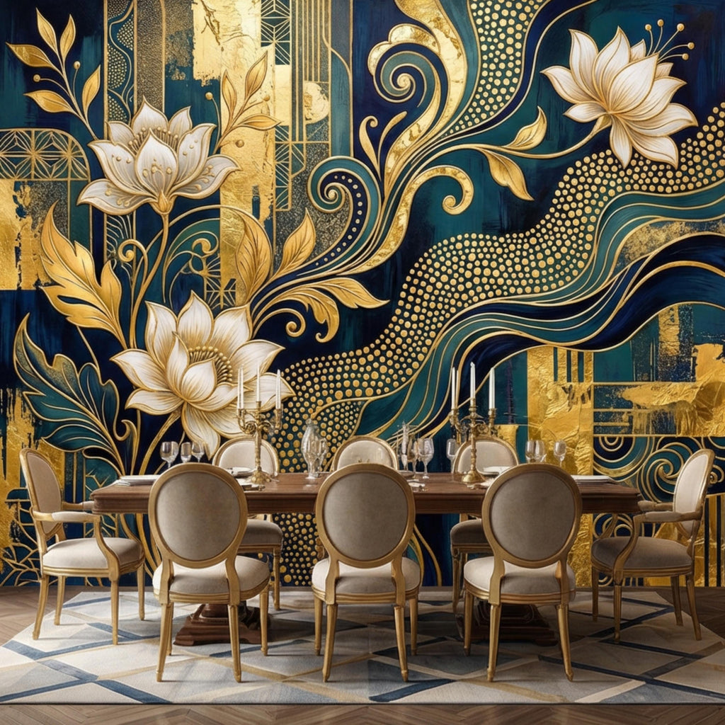 Art Deco Teal Navy & Gold Lotus Flowers Peel and Stick Wall Mural, Glam Geometric Floral Wallpaper, Bedroom Living Room Deco