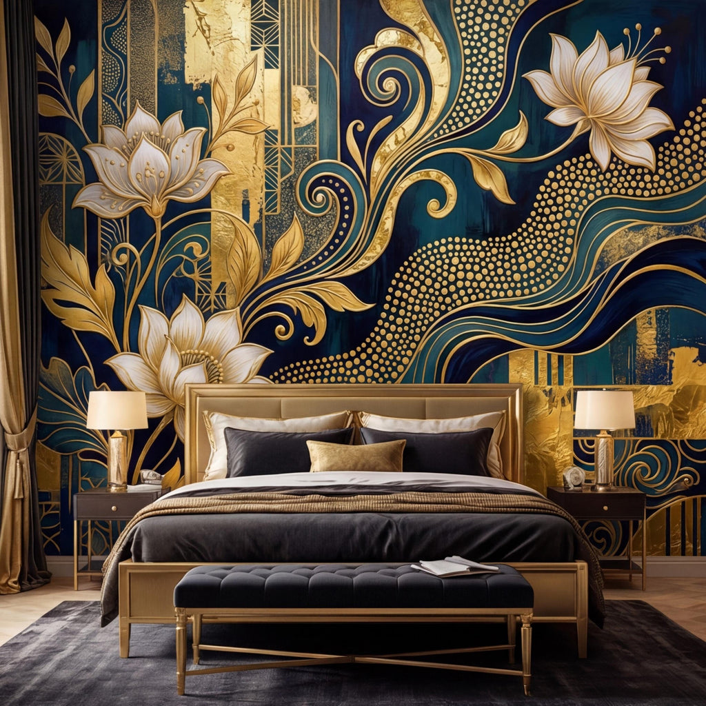 Art Deco Teal Navy & Gold Lotus Flowers Peel and Stick Wall Mural, Glam Geometric Floral Wallpaper, Bedroom Living Room Deco
