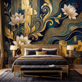Art Deco Teal Navy & Gold Lotus Flowers Peel and Stick Wall Mural, Glam Geometric Floral Wallpaper, Bedroom Living Room Deco