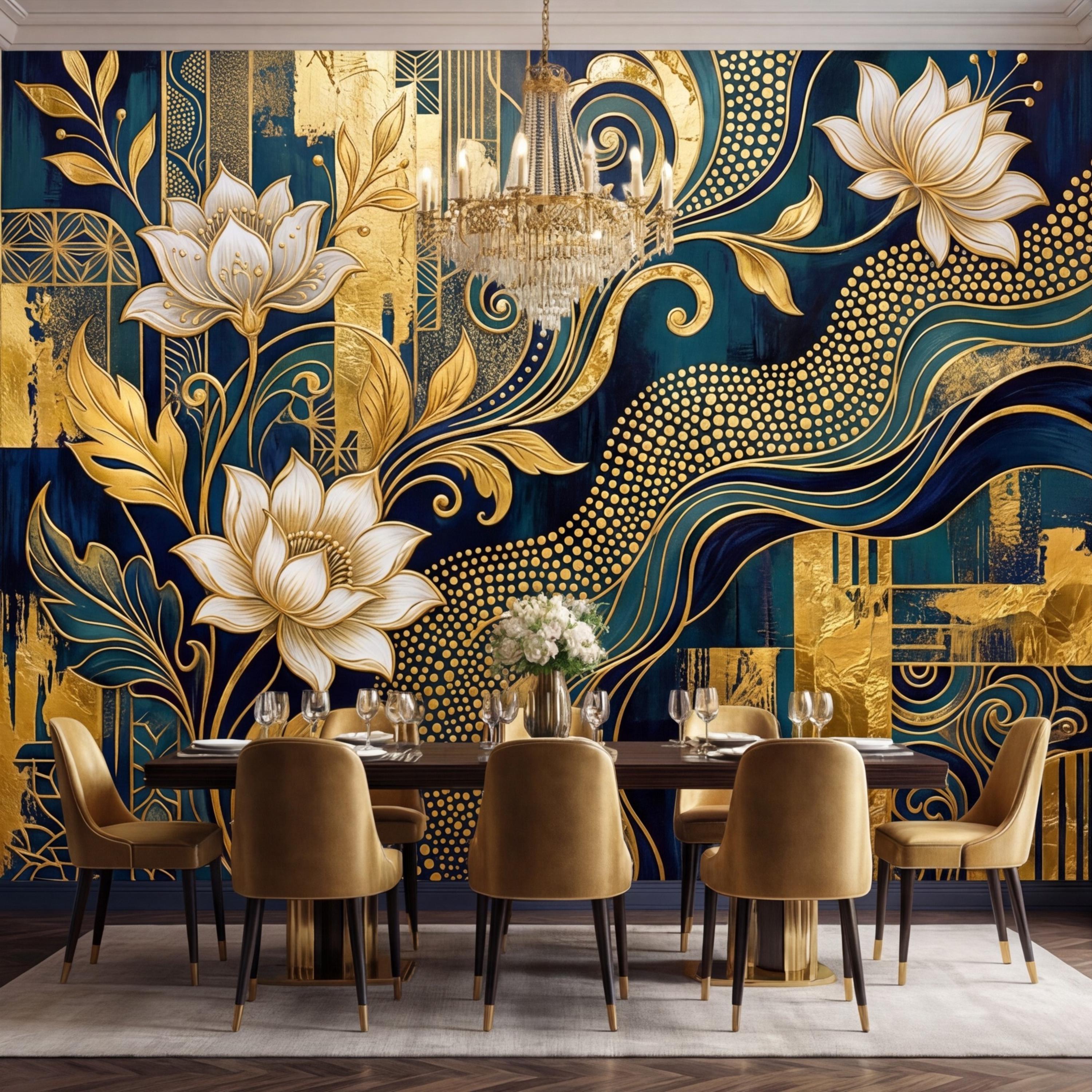 Art Deco Teal Navy & Gold Lotus Flowers Peel and Stick Wall Mural, Glam Geometric Floral Wallpaper, Bedroom Living Room Deco