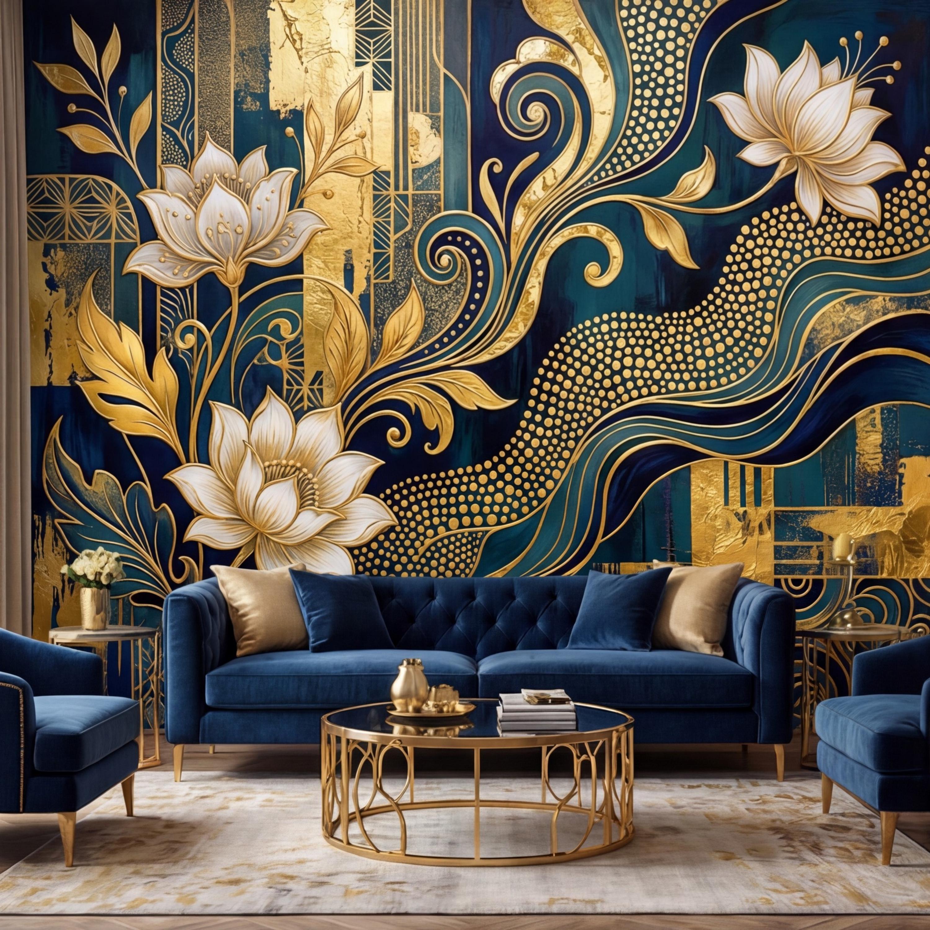 Art Deco Teal Navy & Gold Lotus Flowers Peel and Stick Wall Mural, Glam Geometric Floral Wallpaper, Bedroom Living Room Deco