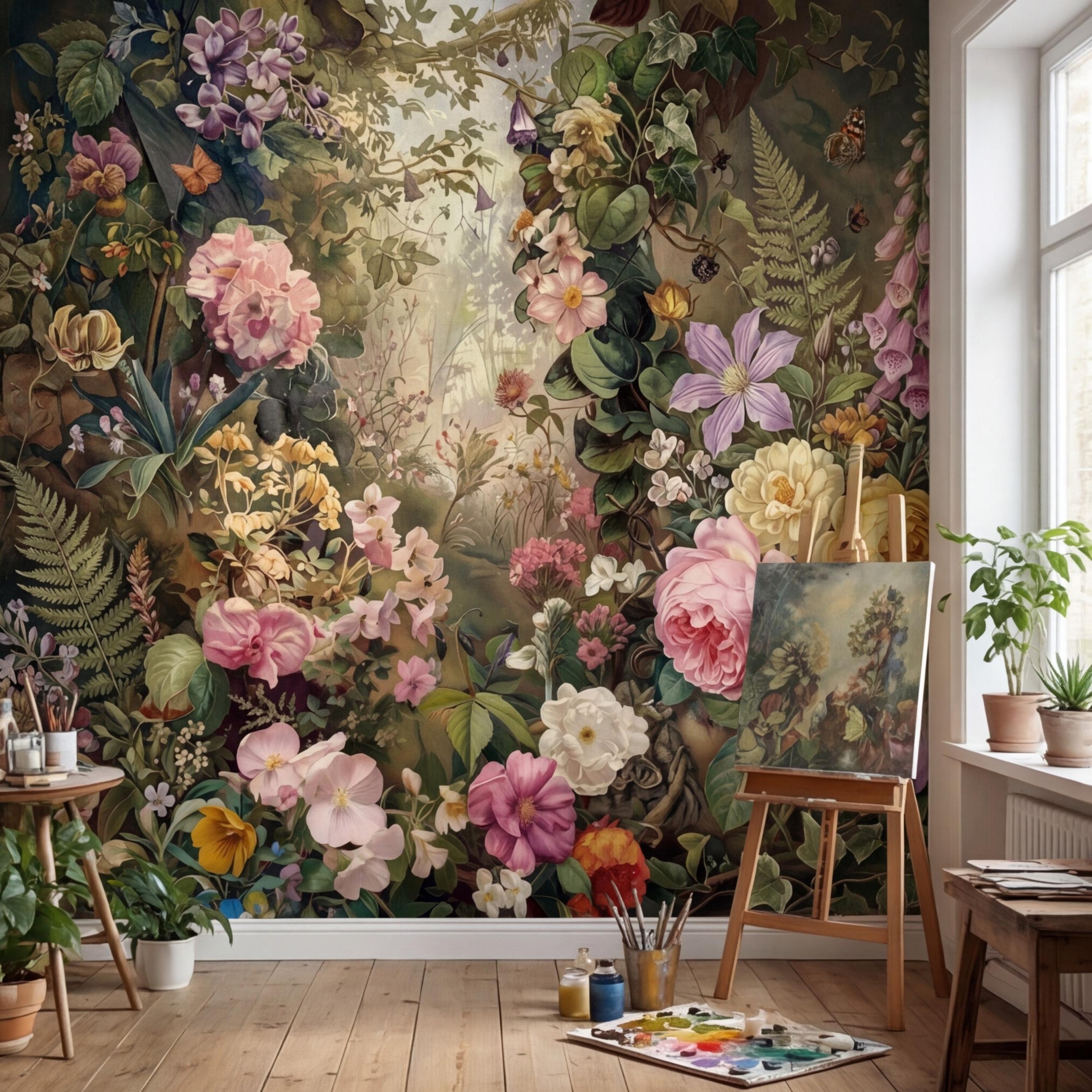 Moody Victorian Floral Garden with Roses Wildflowers Ivy and Butterflies Peel and Stick Wall Mural
