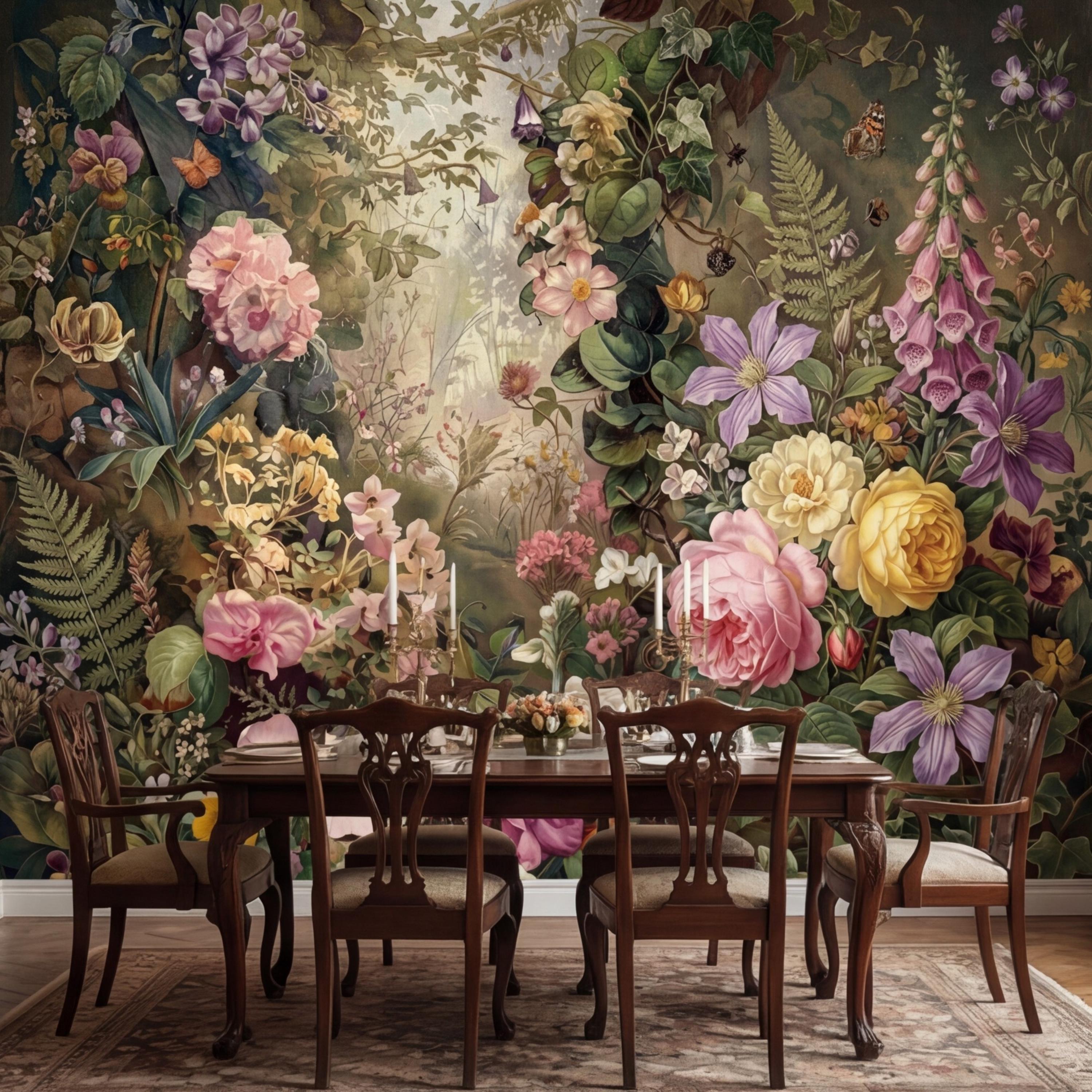 Moody Victorian Floral Garden with Roses Wildflowers Ivy and Butterflies Peel and Stick Wall Mural