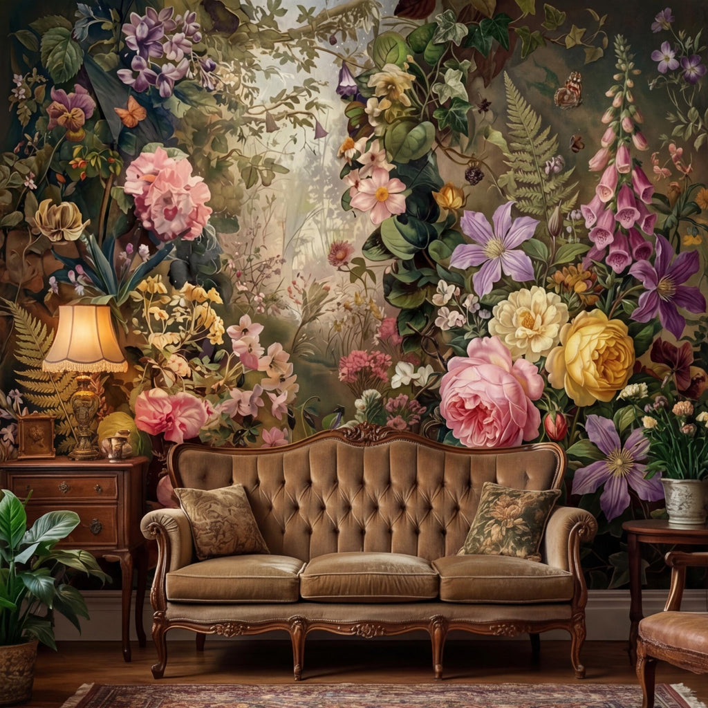 Moody Victorian Floral Garden with Roses Wildflowers Ivy and Butterflies Peel and Stick Wall Mural