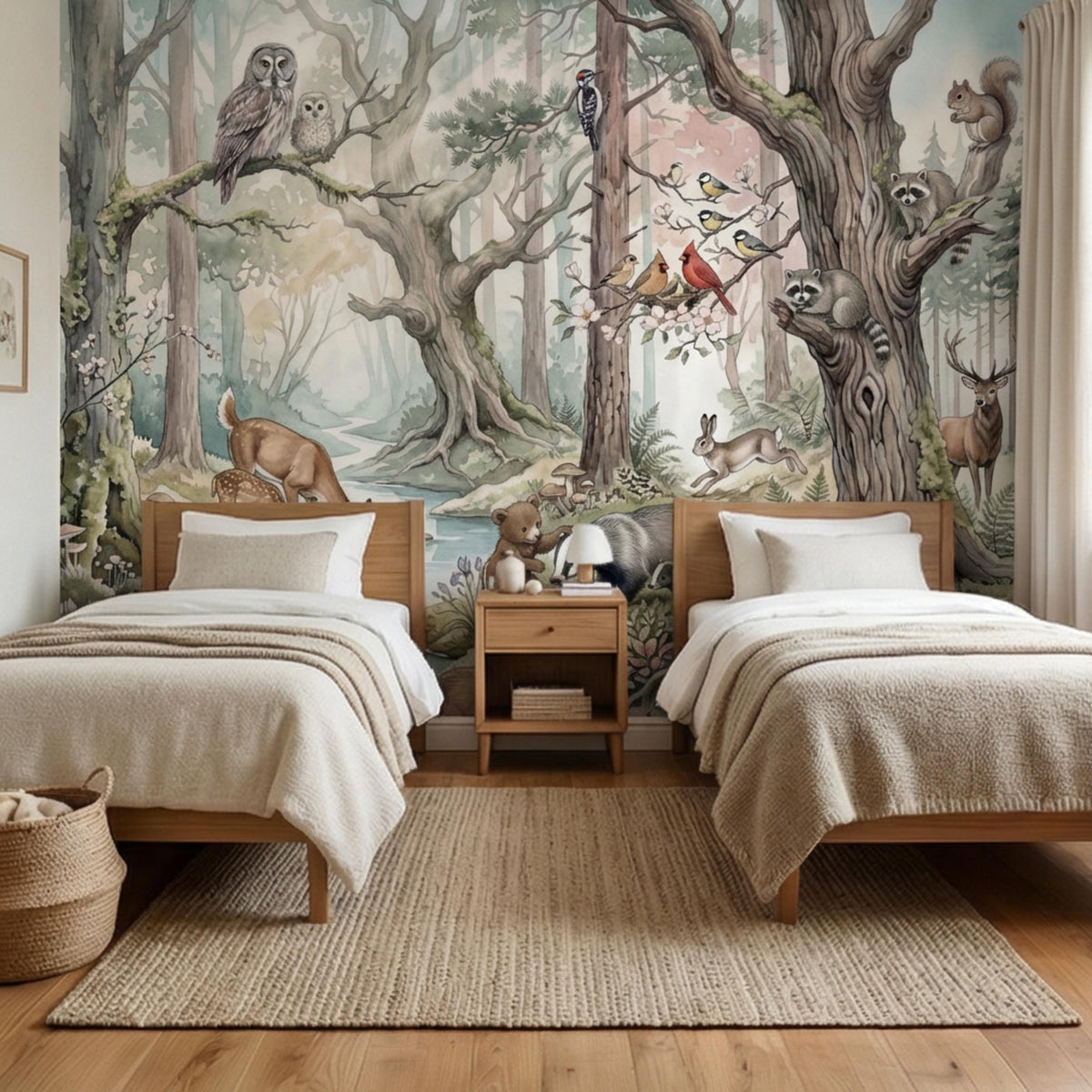 Forest animals watercolor wall mural with deer, fox, bear, and small birds in a woodland setting