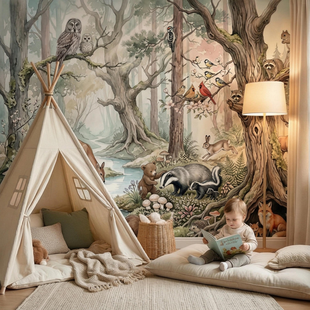 Forest animals watercolor wall mural with deer, fox, bear, owls, and birds on tree branches