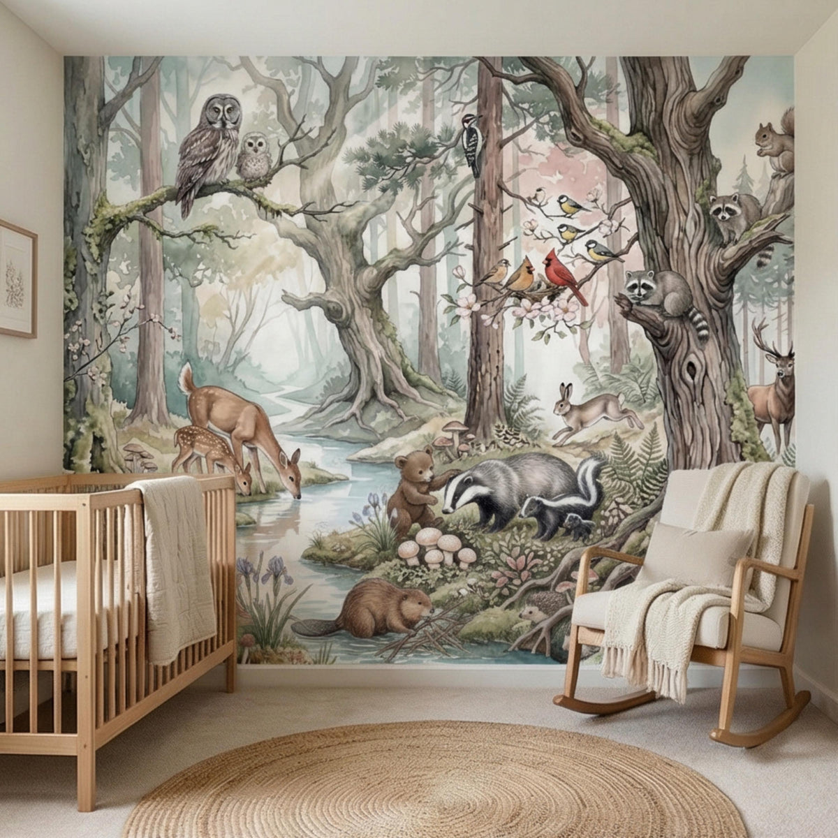 Forest animals watercolor wall mural covering a kids room wall with woodland animals and trees