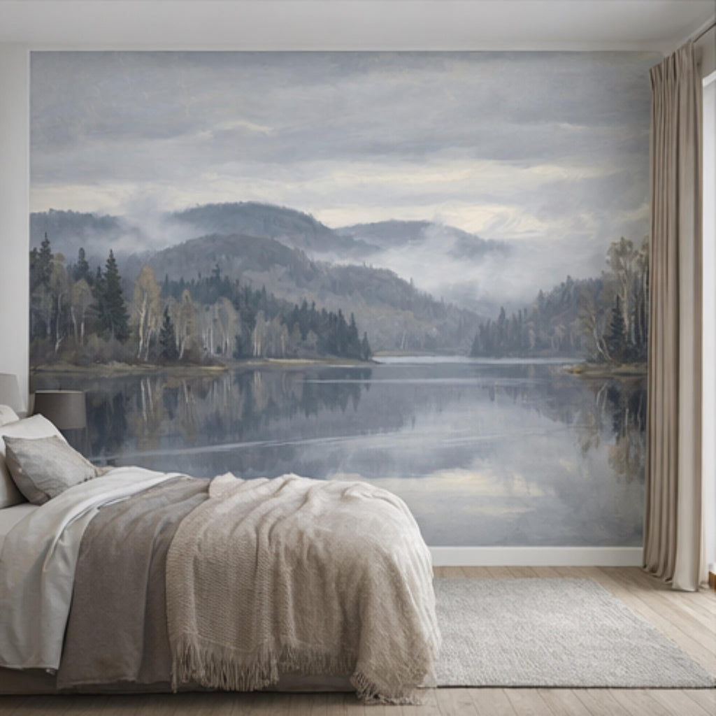 Misty Mountain Lake Landscape Peel and Stick Wall Mural, Moody Foggy Forest Water Reflection Neutral Nature Wallpaper
