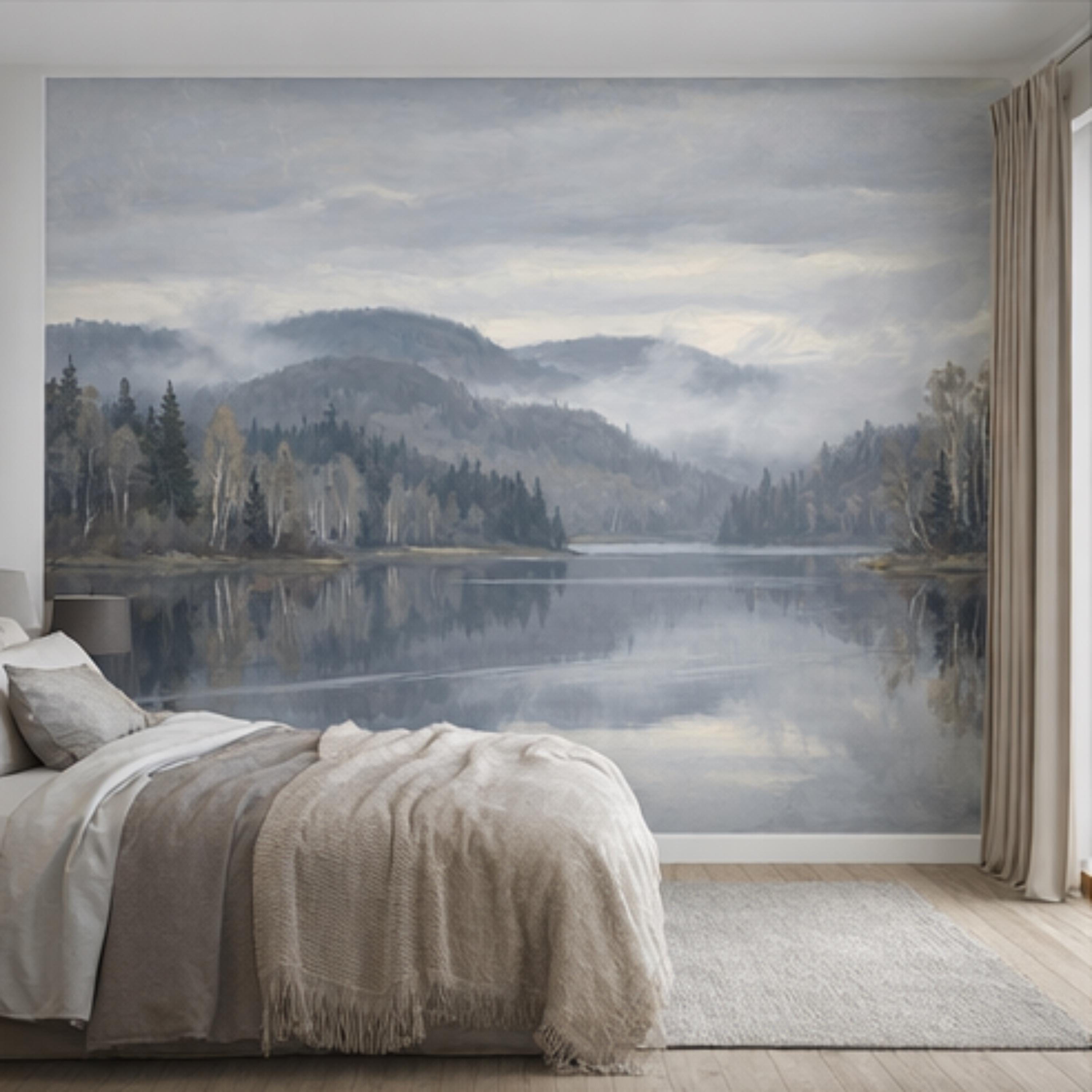 Misty Mountain Lake Landscape Peel and Stick Wall Mural, Moody Foggy Forest Water Reflection Neutral Nature Wallpaper