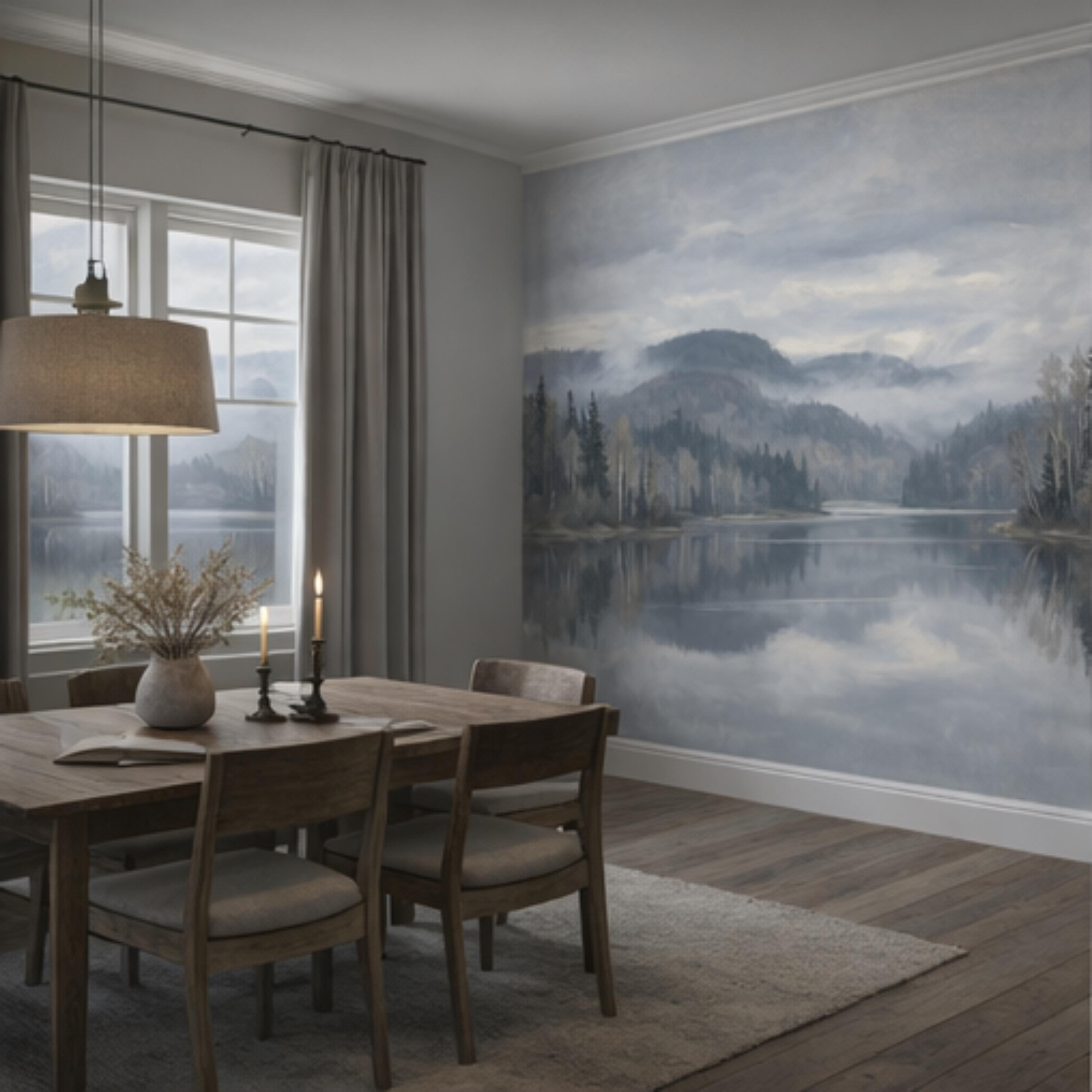 Misty Mountain Lake Landscape Peel and Stick Wall Mural, Moody Foggy Forest Water Reflection Neutral Nature Wallpaper