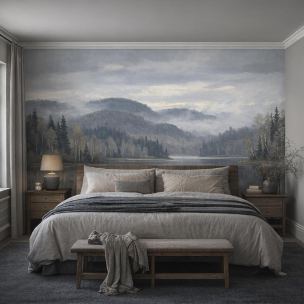 Misty Mountain Lake Landscape Peel and Stick Wall Mural, Moody Foggy Forest Water Reflection Neutral Nature Wallpaper