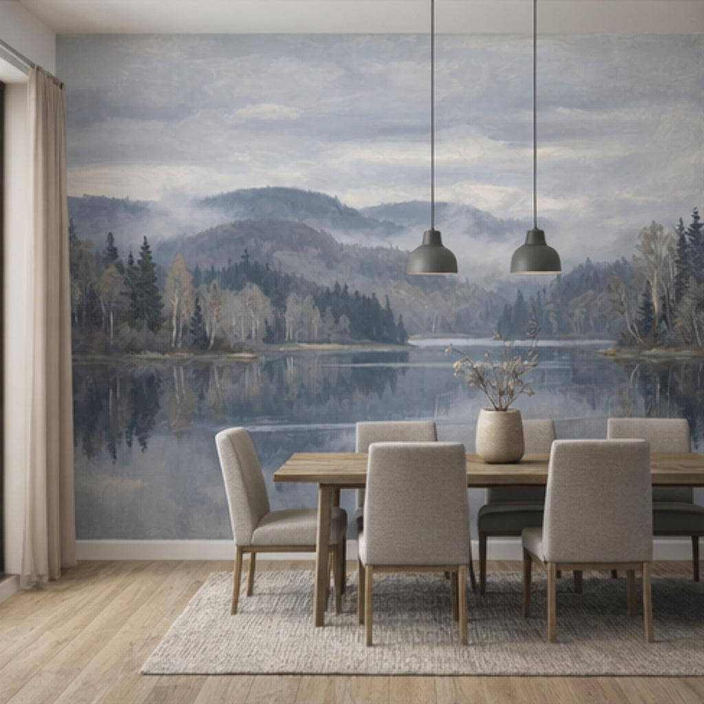 Misty Mountain Lake Landscape Peel and Stick Wall Mural, Moody Foggy Forest Water Reflection Neutral Nature Wallpaper