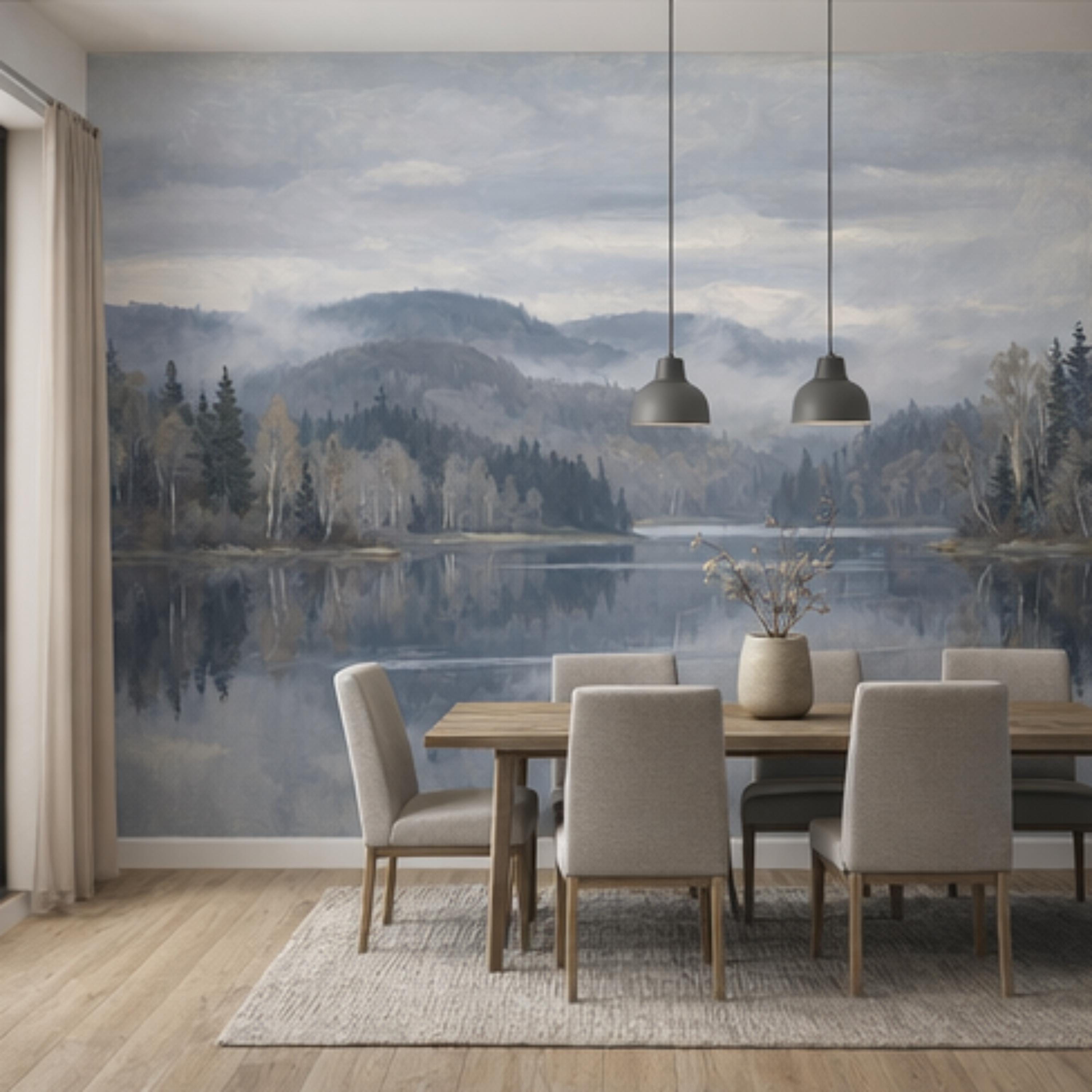Misty Mountain Lake Landscape Peel and Stick Wall Mural, Moody Foggy Forest Water Reflection Neutral Nature Wallpaper
