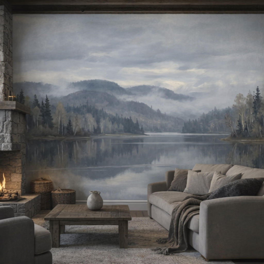 Misty Mountain Lake Landscape Peel and Stick Wall Mural, Moody Foggy Forest Water Reflection Neutral Nature Wallpaper