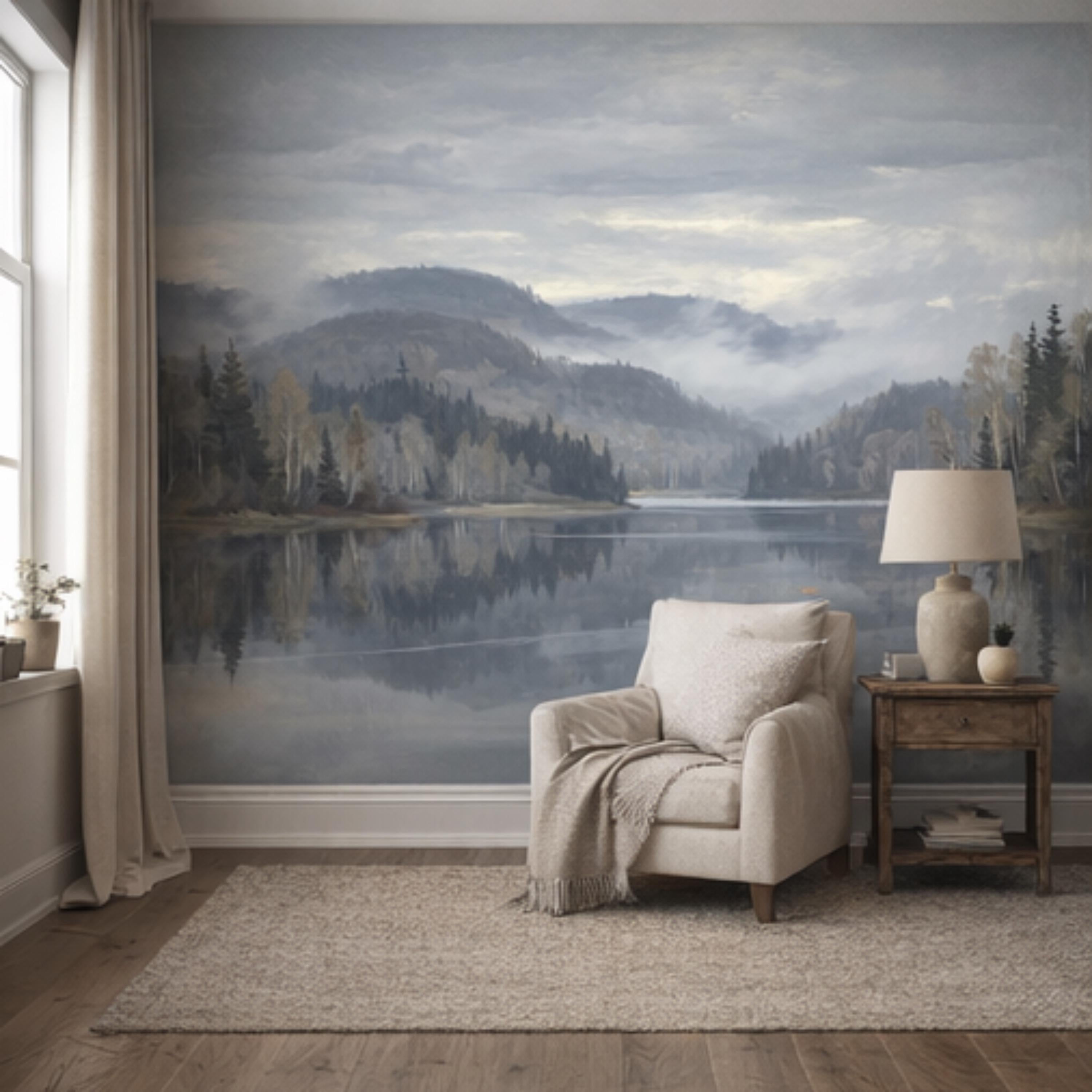 Misty Mountain Lake Landscape Peel and Stick Wall Mural, Moody Foggy Forest Water Reflection Neutral Nature Wallpaper