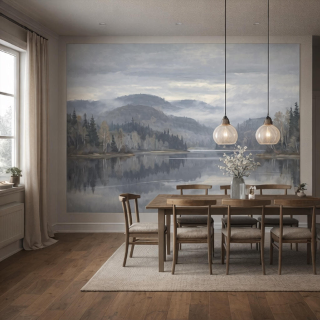 Misty Mountain Lake Landscape Peel and Stick Wall Mural, Moody Foggy Forest Water Reflection Neutral Nature Wallpaper