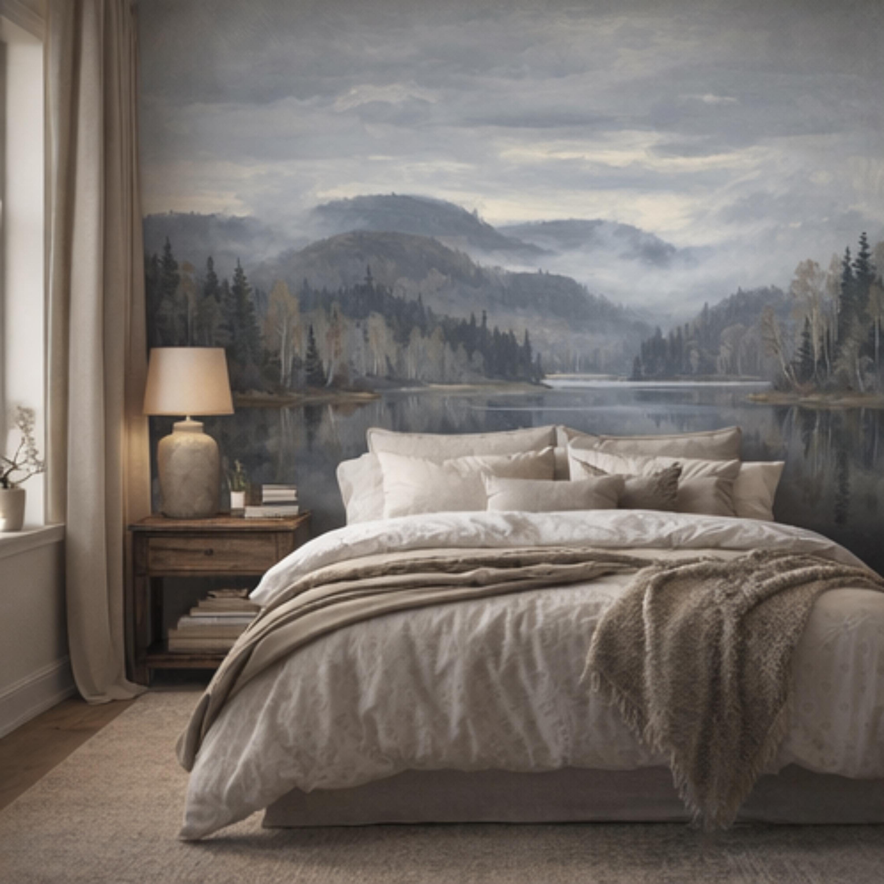Misty Mountain Lake Landscape Peel and Stick Wall Mural, Moody Foggy Forest Water Reflection Neutral Nature Wallpaper