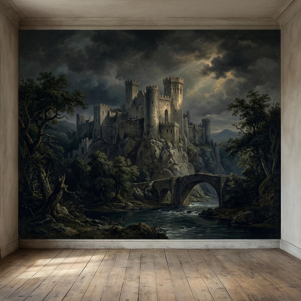 Medieval Castle Peel and Stick Wall Mural, Gothic Stone Fortress Wallpaper, Vintage Dramatic Scenic Landscape