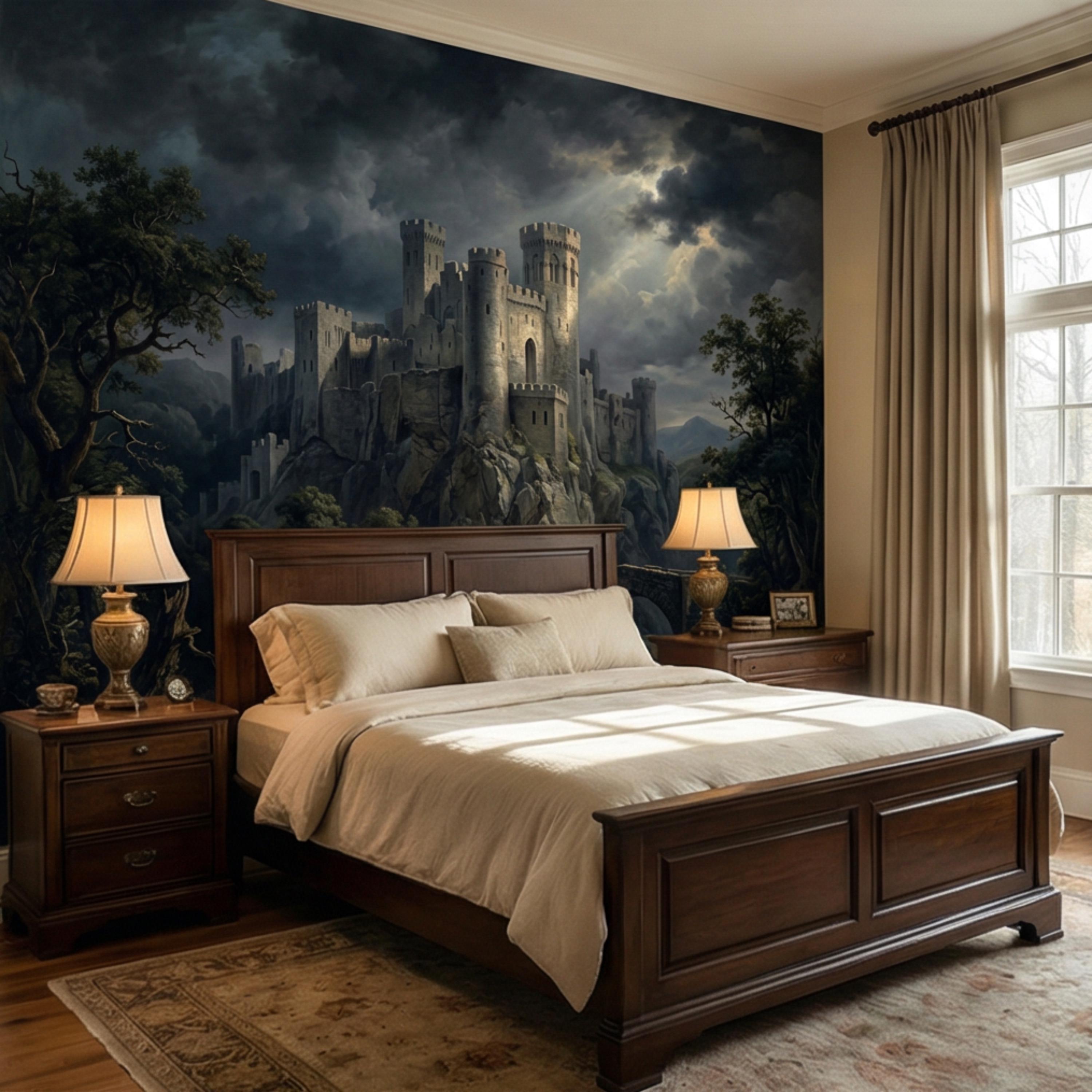 Medieval Castle Peel and Stick Wall Mural, Gothic Stone Fortress Wallpaper, Vintage Dramatic Scenic Landscape