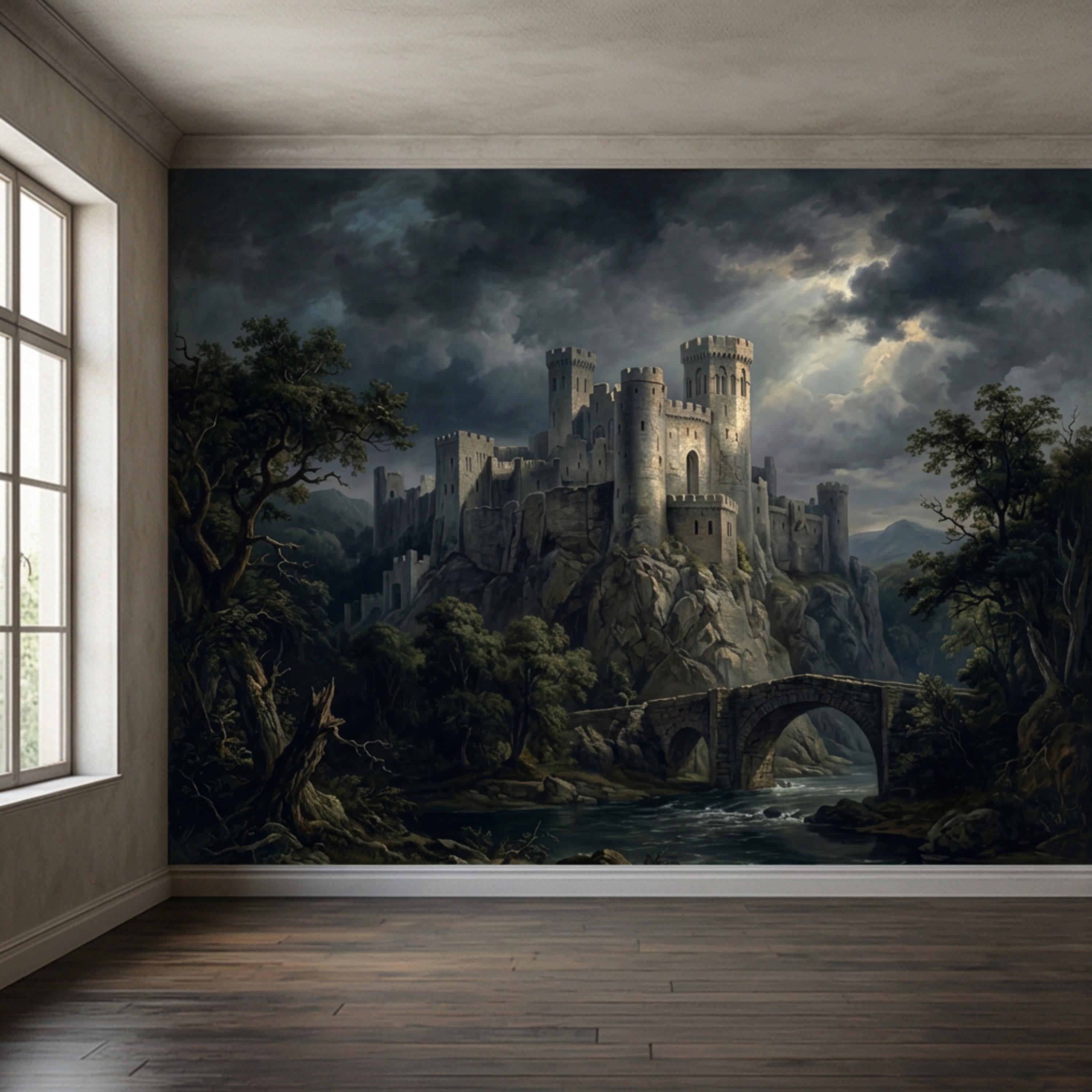 Medieval Castle Peel and Stick Wall Mural, Gothic Stone Fortress Wallpaper, Vintage Dramatic Scenic Landscape