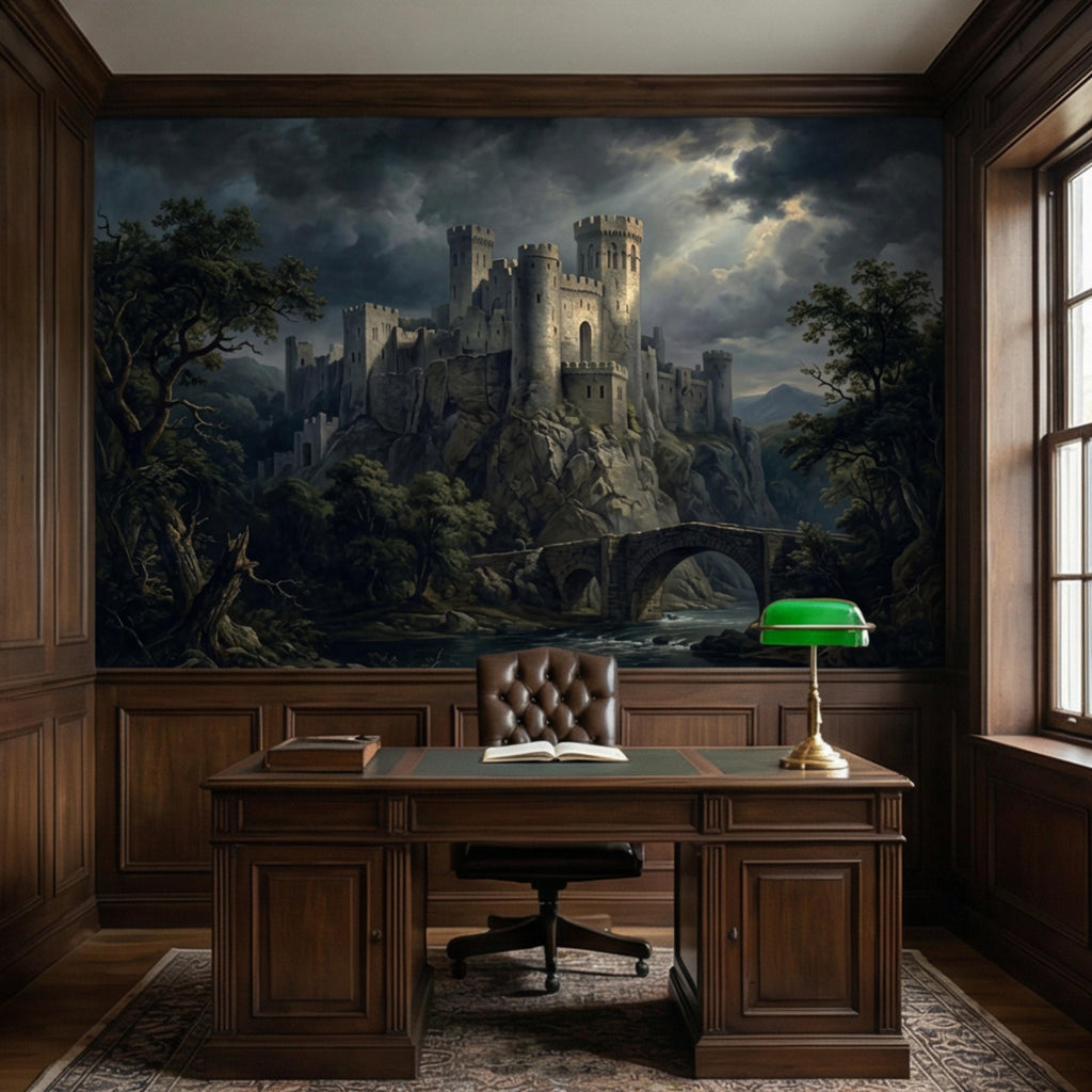 Medieval Castle Peel and Stick Wall Mural, Gothic Stone Fortress Wallpaper, Vintage Dramatic Scenic Landscape