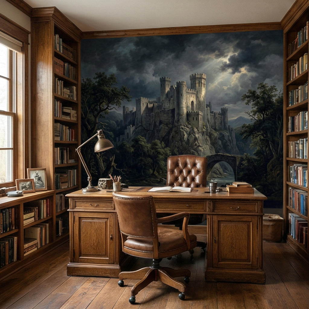 Medieval Castle Peel and Stick Wall Mural, Gothic Stone Fortress Wallpaper, Vintage Dramatic Scenic Landscape