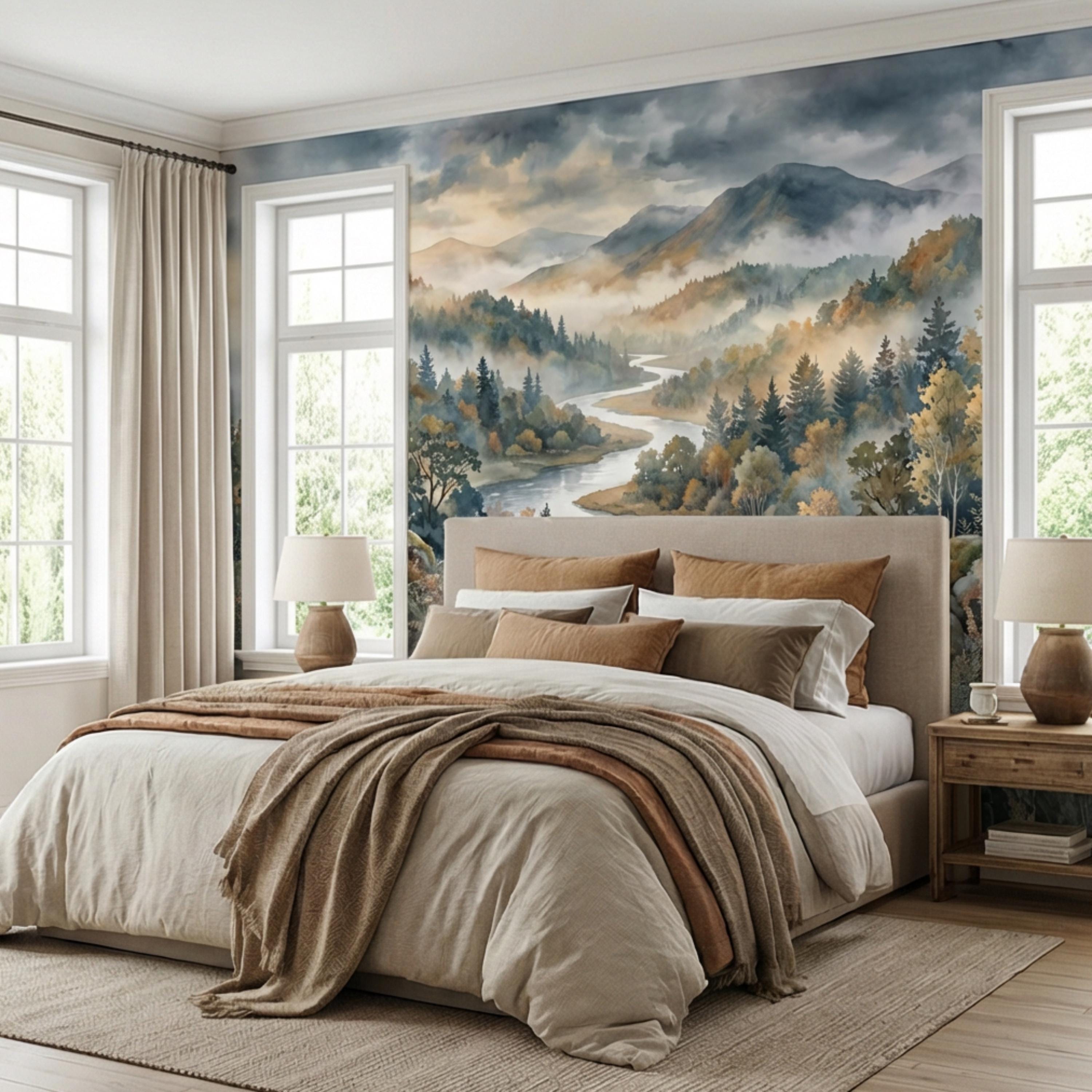 Misty Mountain River Landscape Watercolor Autumn Forest Valley Neutral Nature Peel and Stick Wall Mural