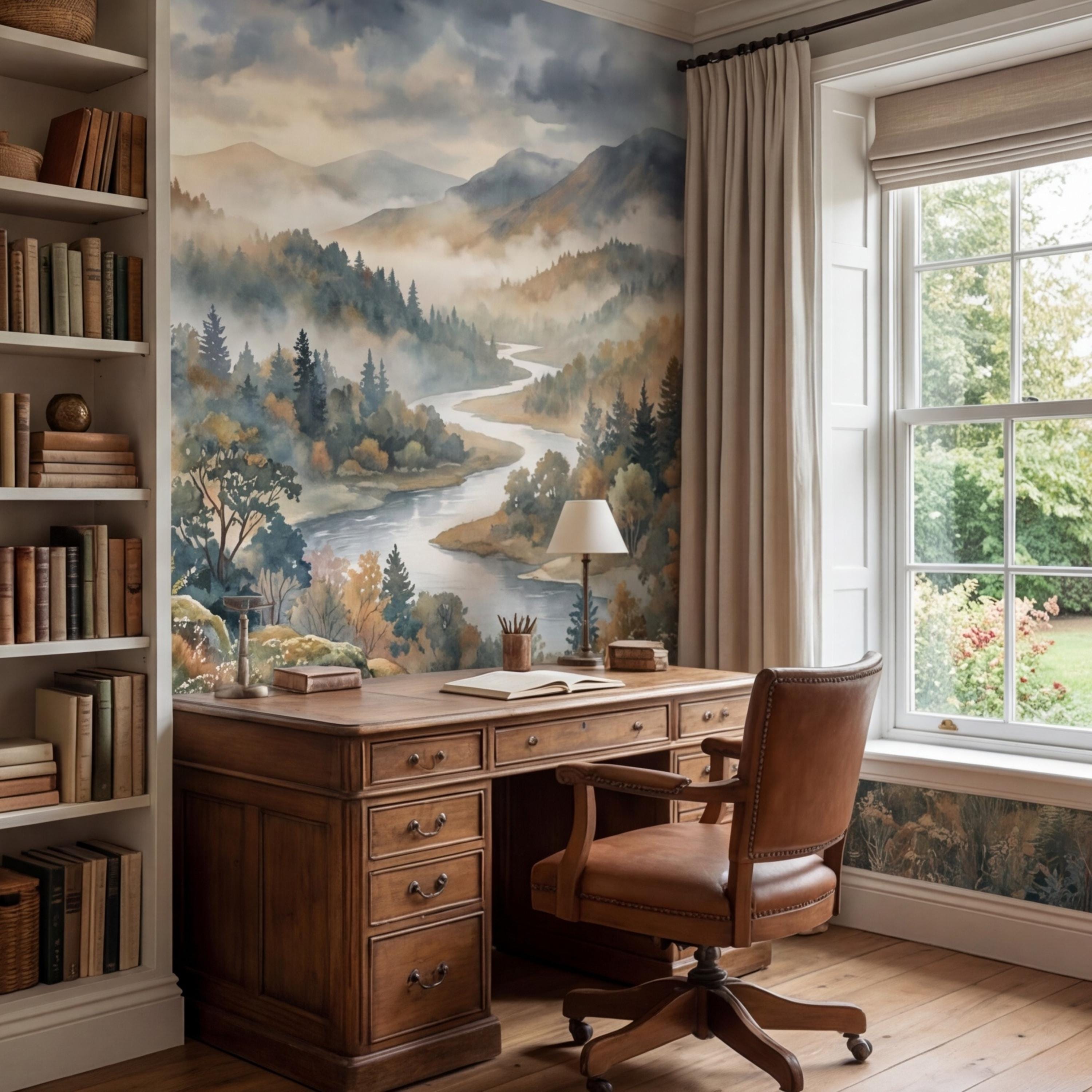 Misty Mountain River Landscape Watercolor Autumn Forest Valley Neutral Nature Peel and Stick Wall Mural