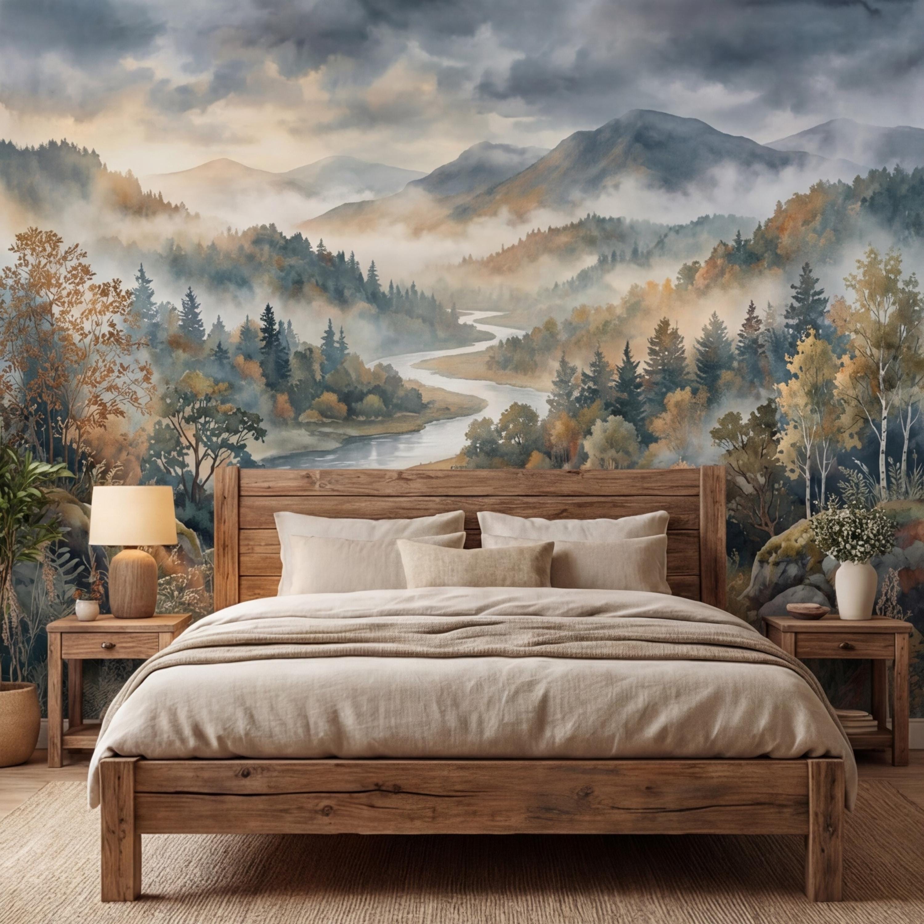 Misty Mountain River Landscape Watercolor Autumn Forest Valley Neutral Nature Peel and Stick Wall Mural