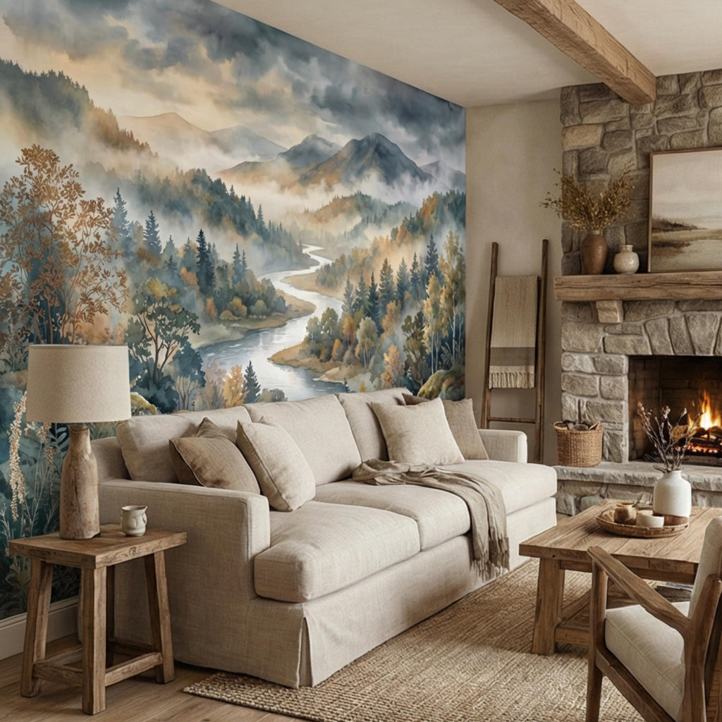 Misty Mountain River Landscape Watercolor Autumn Forest Valley Neutral Nature Peel and Stick Wall Mural