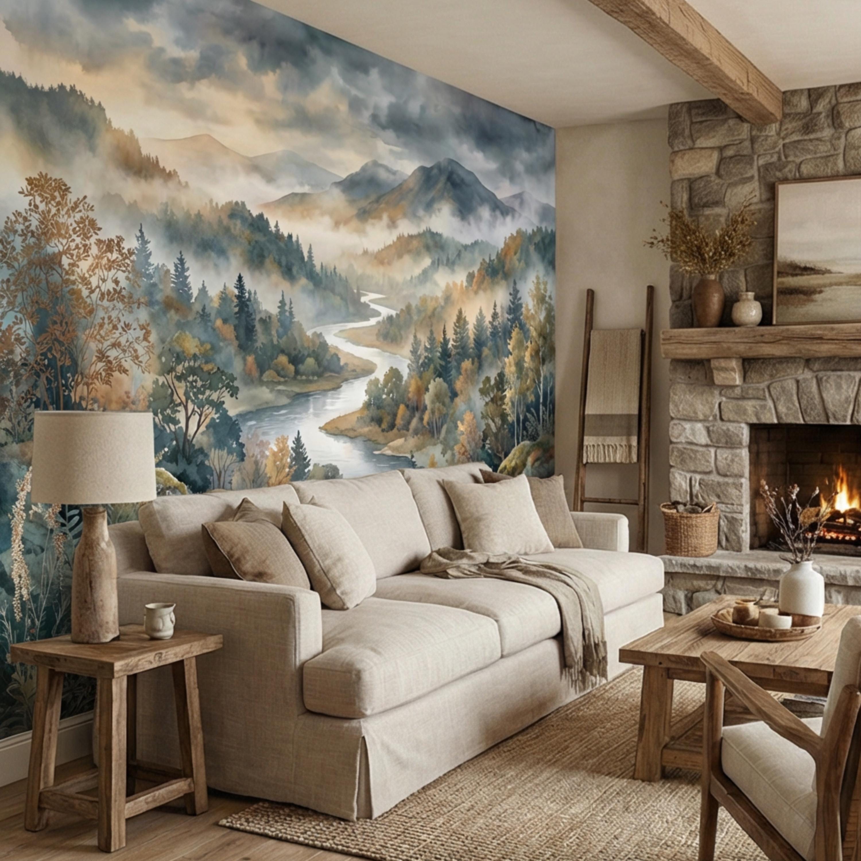 Misty Mountain River Landscape Watercolor Autumn Forest Valley Neutral Nature Peel and Stick Wall Mural
