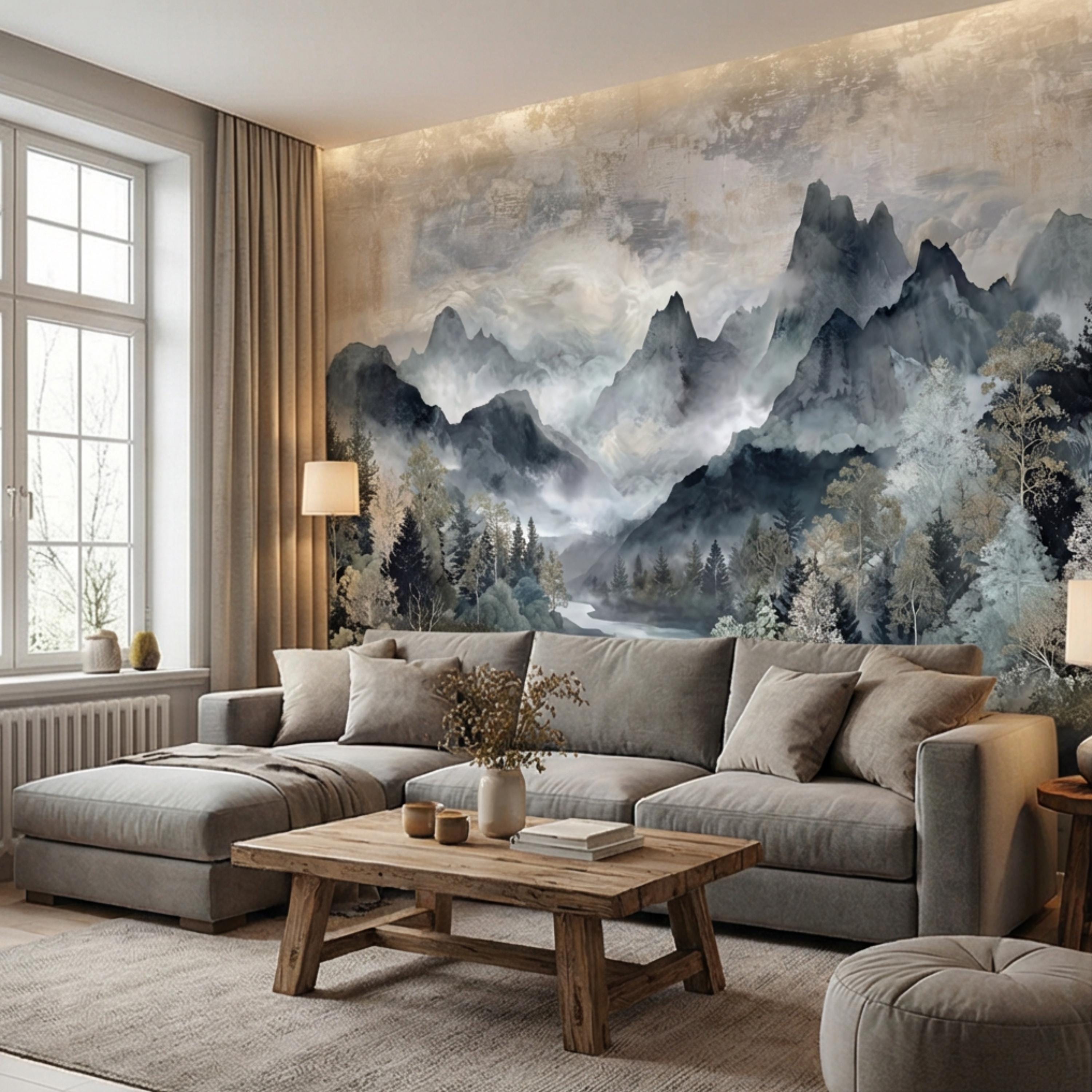 Misty Mountain River Watercolor Foggy Forest Landscape Neutral Blue Gray Scenic Peel and Stick Wall Mural