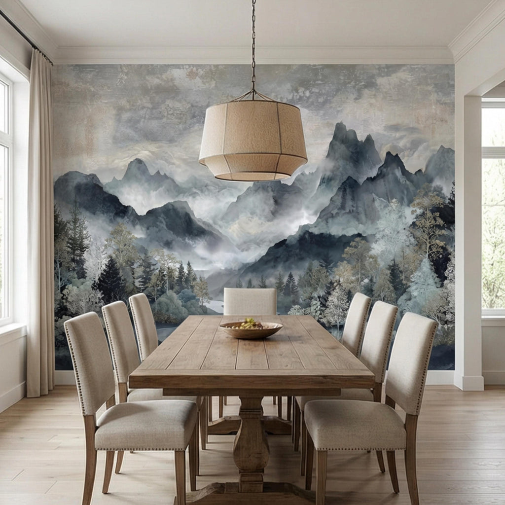 Misty Mountain River Watercolor Foggy Forest Landscape Neutral Blue Gray Scenic Peel and Stick Wall Mural