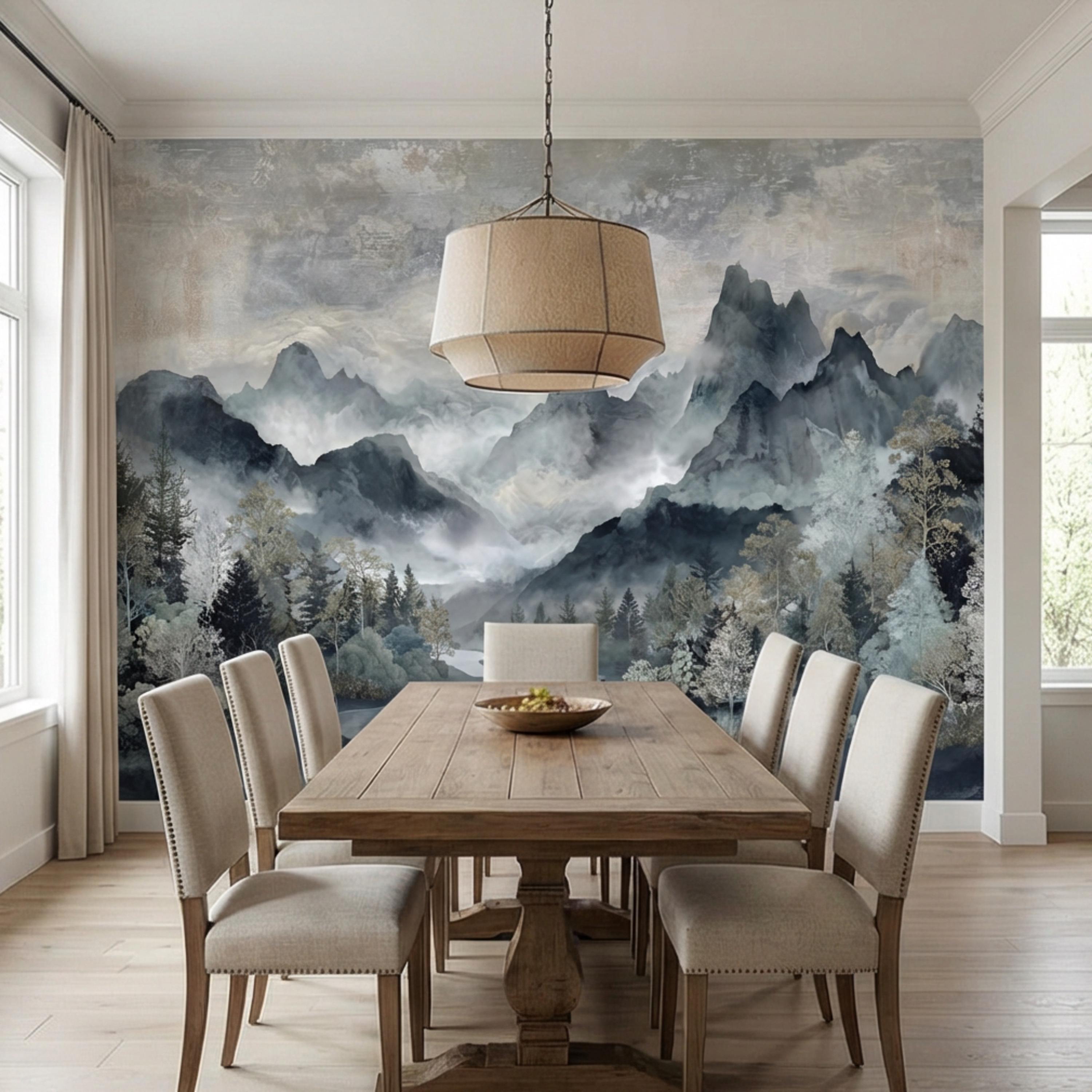 Misty Mountain River Watercolor Foggy Forest Landscape Neutral Blue Gray Scenic Peel and Stick Wall Mural