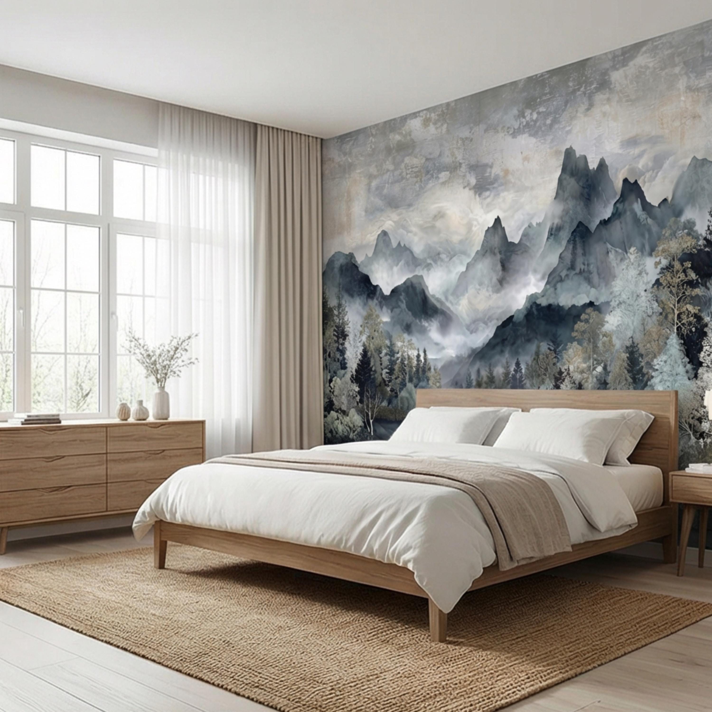 Misty Mountain River Watercolor Foggy Forest Landscape Neutral Blue Gray Scenic Peel and Stick Wall Mural