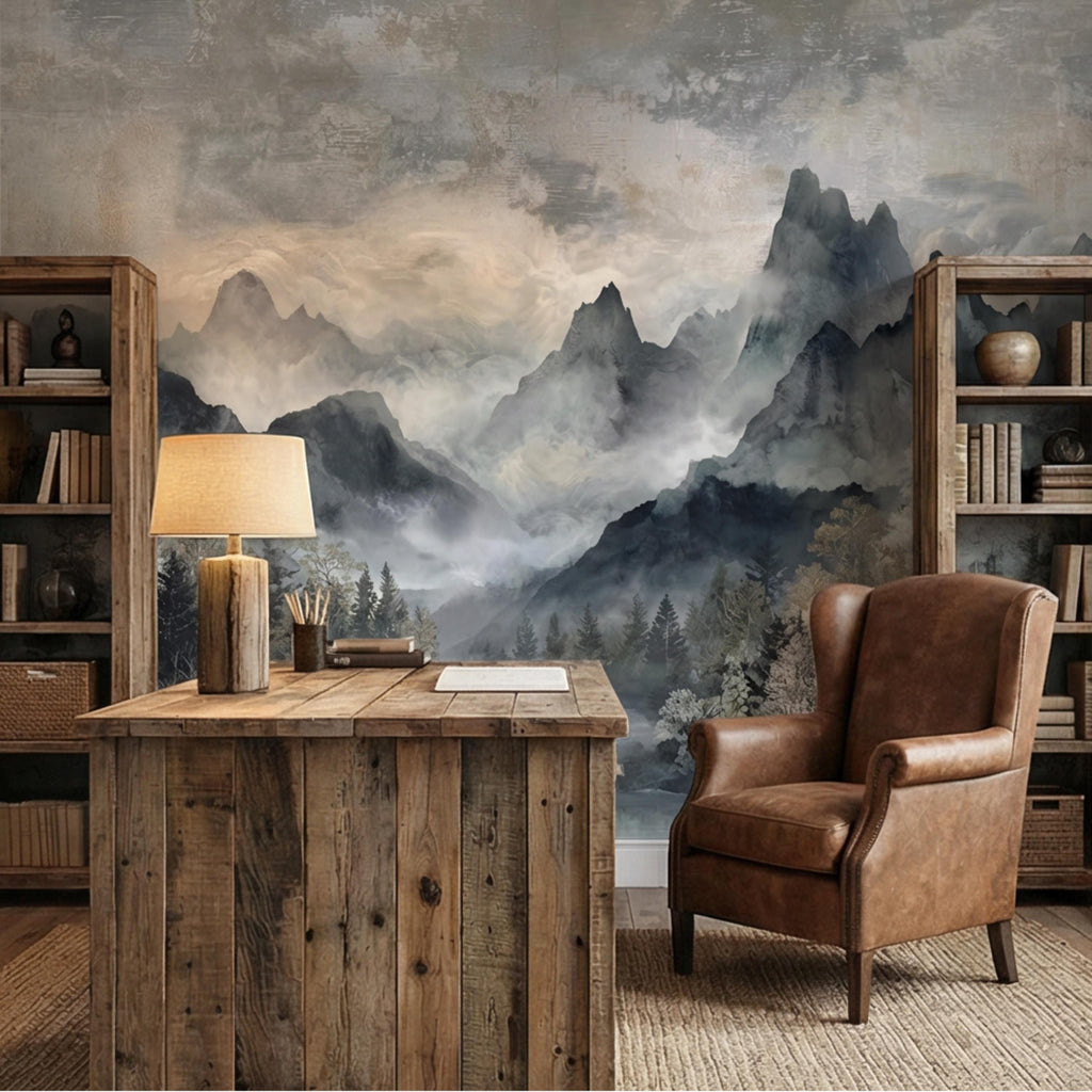 Misty Mountain River Watercolor Foggy Forest Landscape Neutral Blue Gray Scenic Peel and Stick Wall Mural
