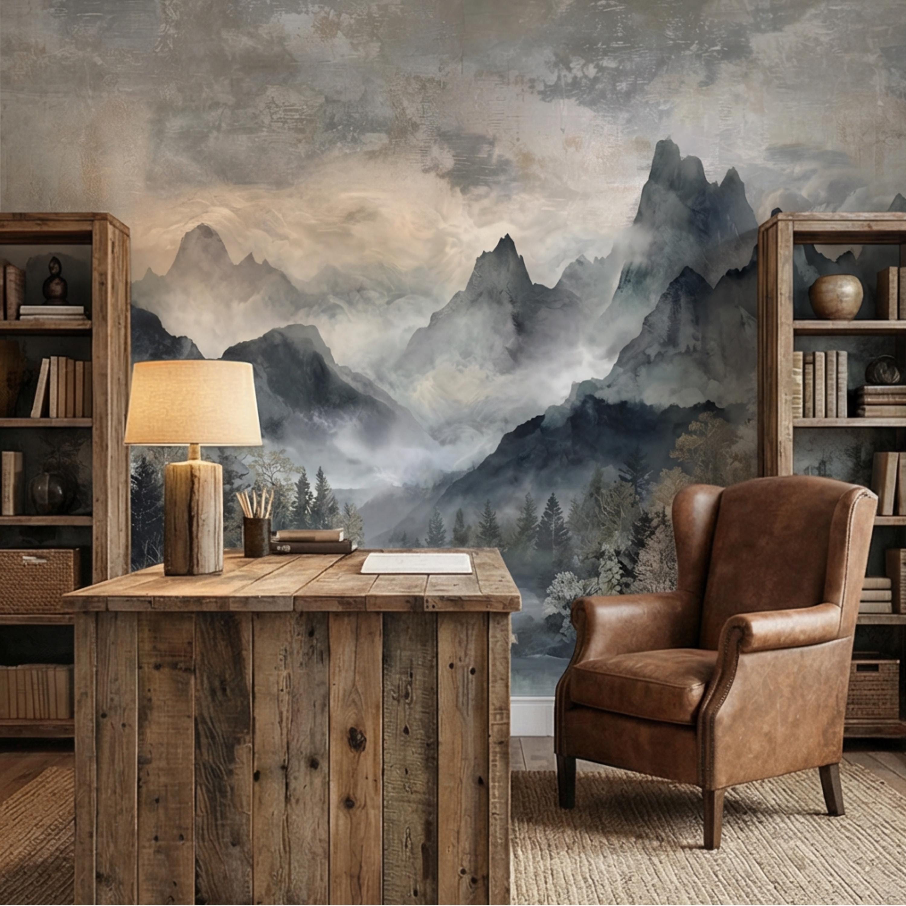 Misty Mountain River Watercolor Foggy Forest Landscape Neutral Blue Gray Scenic Peel and Stick Wall Mural