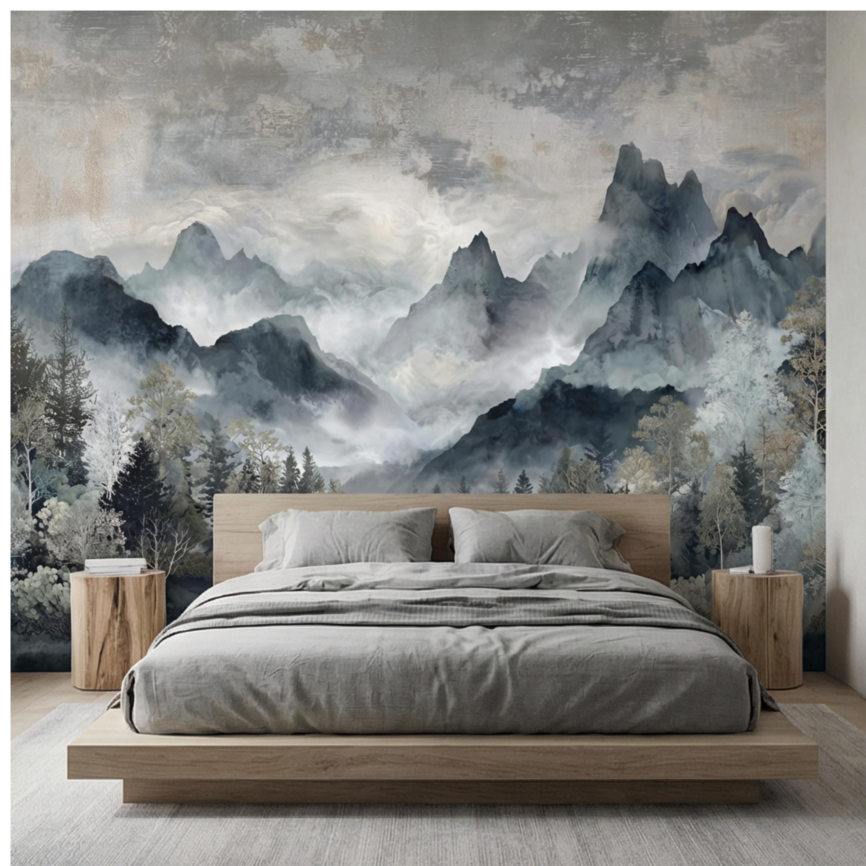 Misty Mountain River Watercolor Foggy Forest Landscape Neutral Blue Gray Scenic Peel and Stick Wall Mural
