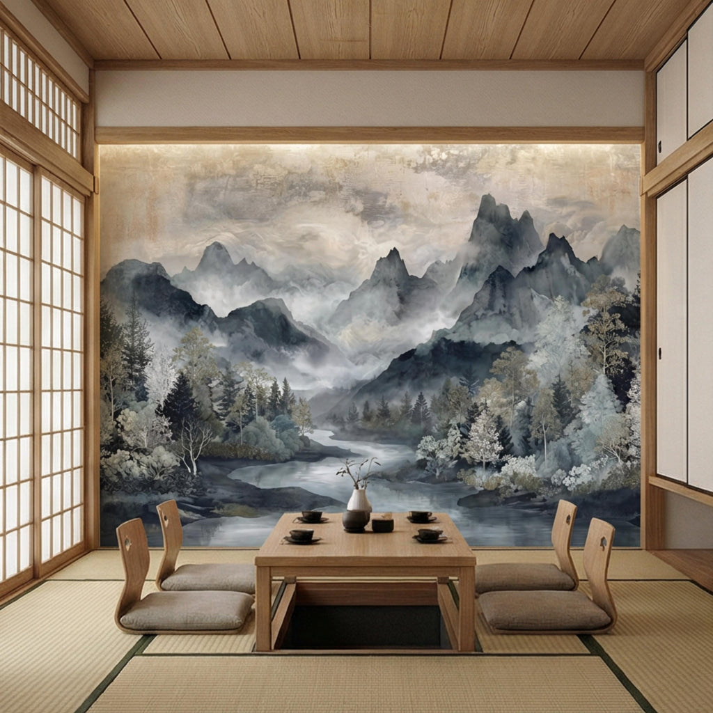 Misty Mountain River Watercolor Foggy Forest Landscape Neutral Blue Gray Scenic Peel and Stick Wall Mural