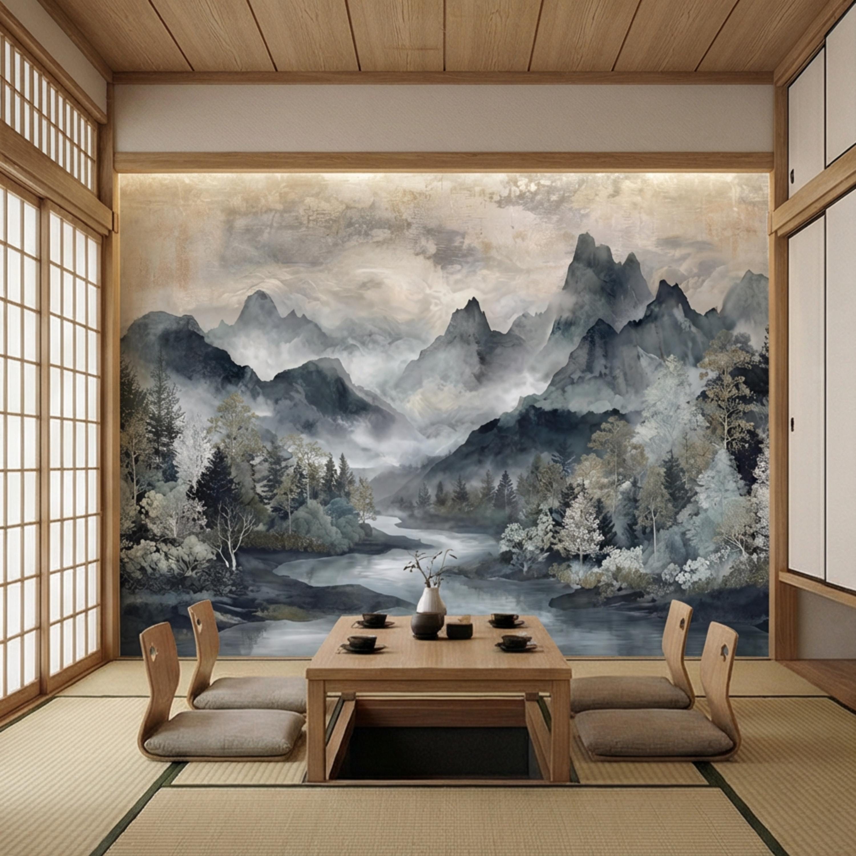 Misty Mountain River Watercolor Foggy Forest Landscape Neutral Blue Gray Scenic Peel and Stick Wall Mural