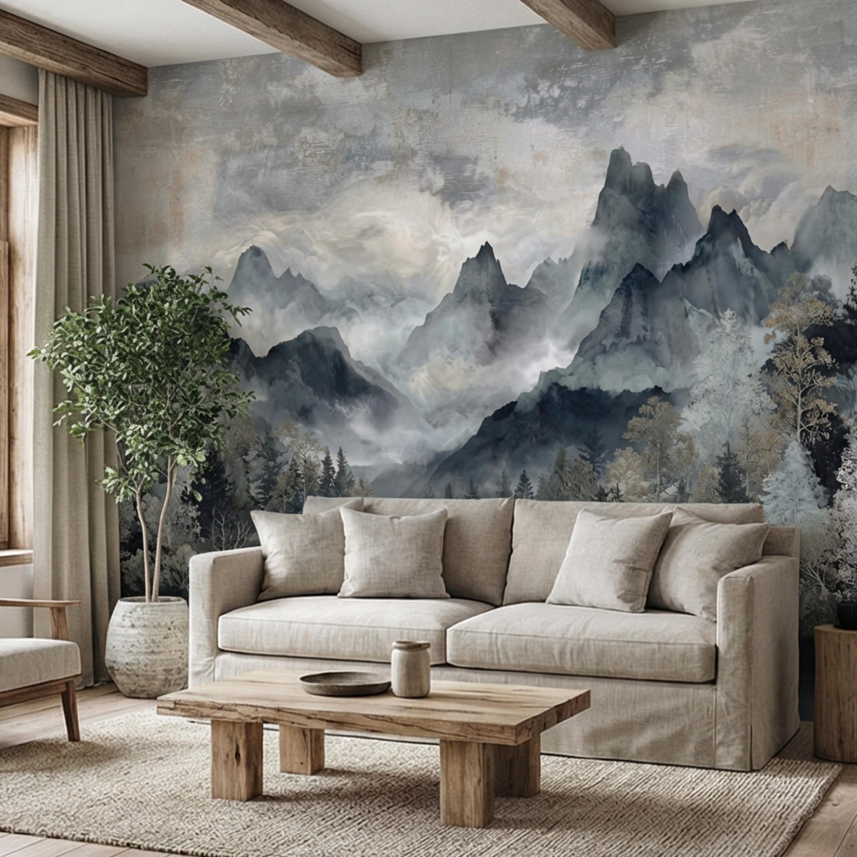 Misty Mountain River Watercolor Foggy Forest Landscape Neutral Blue Gray Scenic Peel and Stick Wall Mural