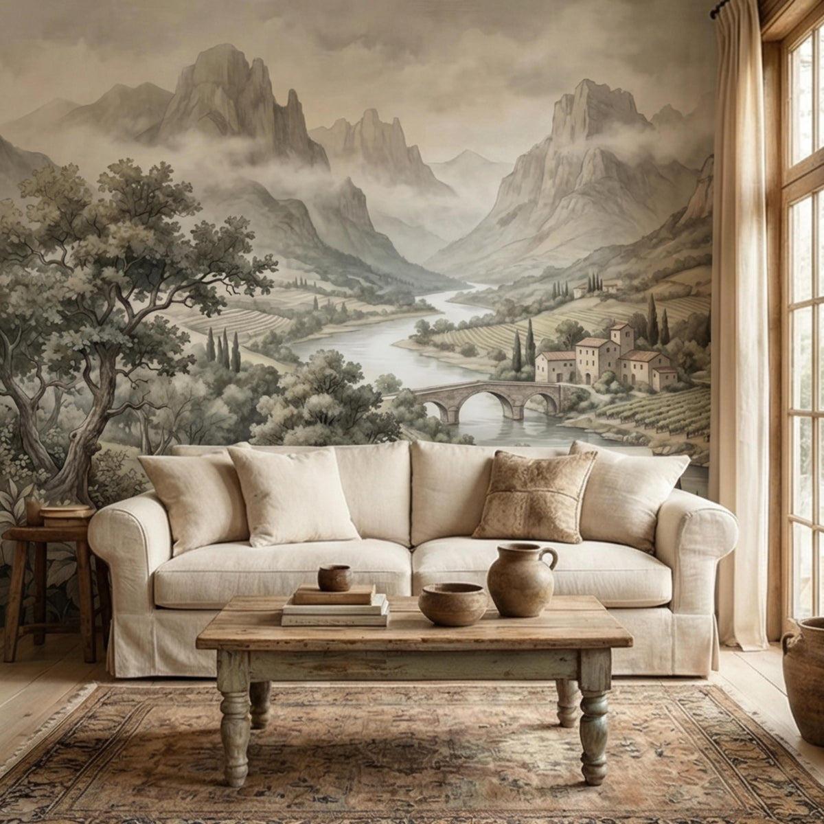 Landscape wall mural featuring a river valley, stone bridge, and distant mountain peaks
