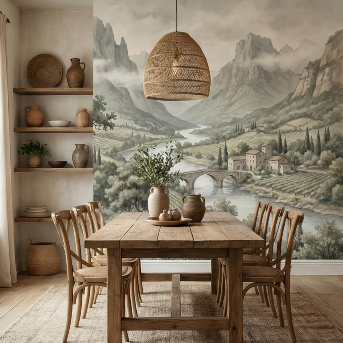 Landscape wall mural showing river, stone arch bridge, vineyards, and mountain range