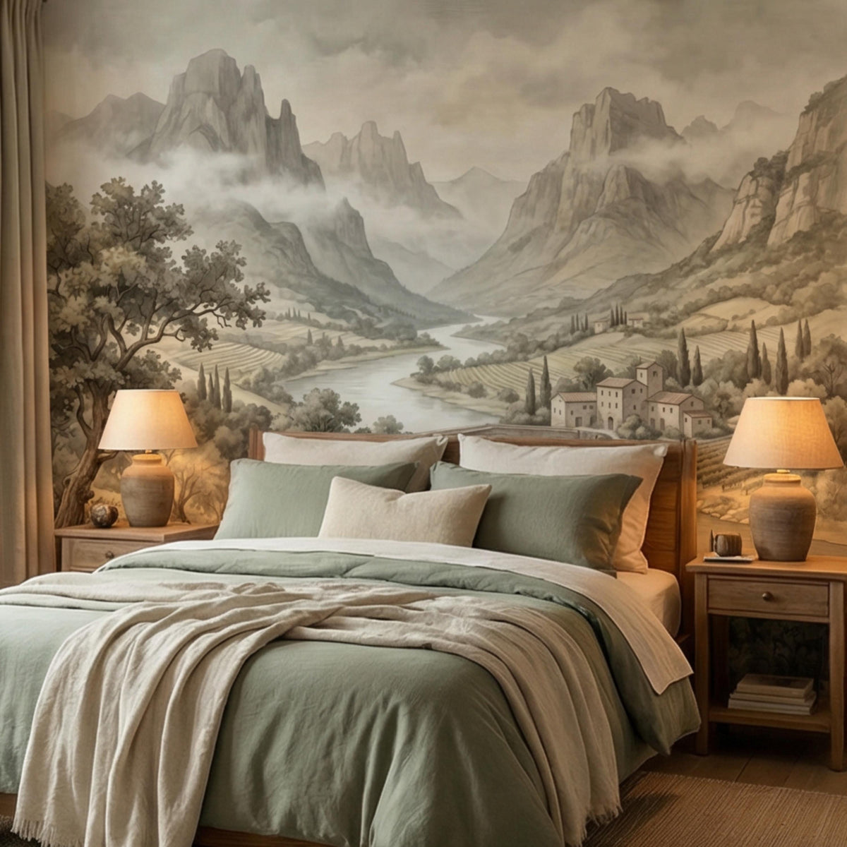 Landscape wall mural with misty mountains, winding river, and riverside village