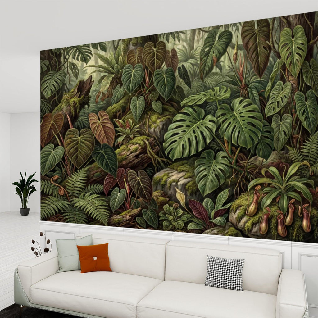 Dark Tropical Peel and Stick Wall Mural, Monstera Jungle Wallpaper, Lush Rainforest Botanical Leaves, Moody Green Wall Decor
