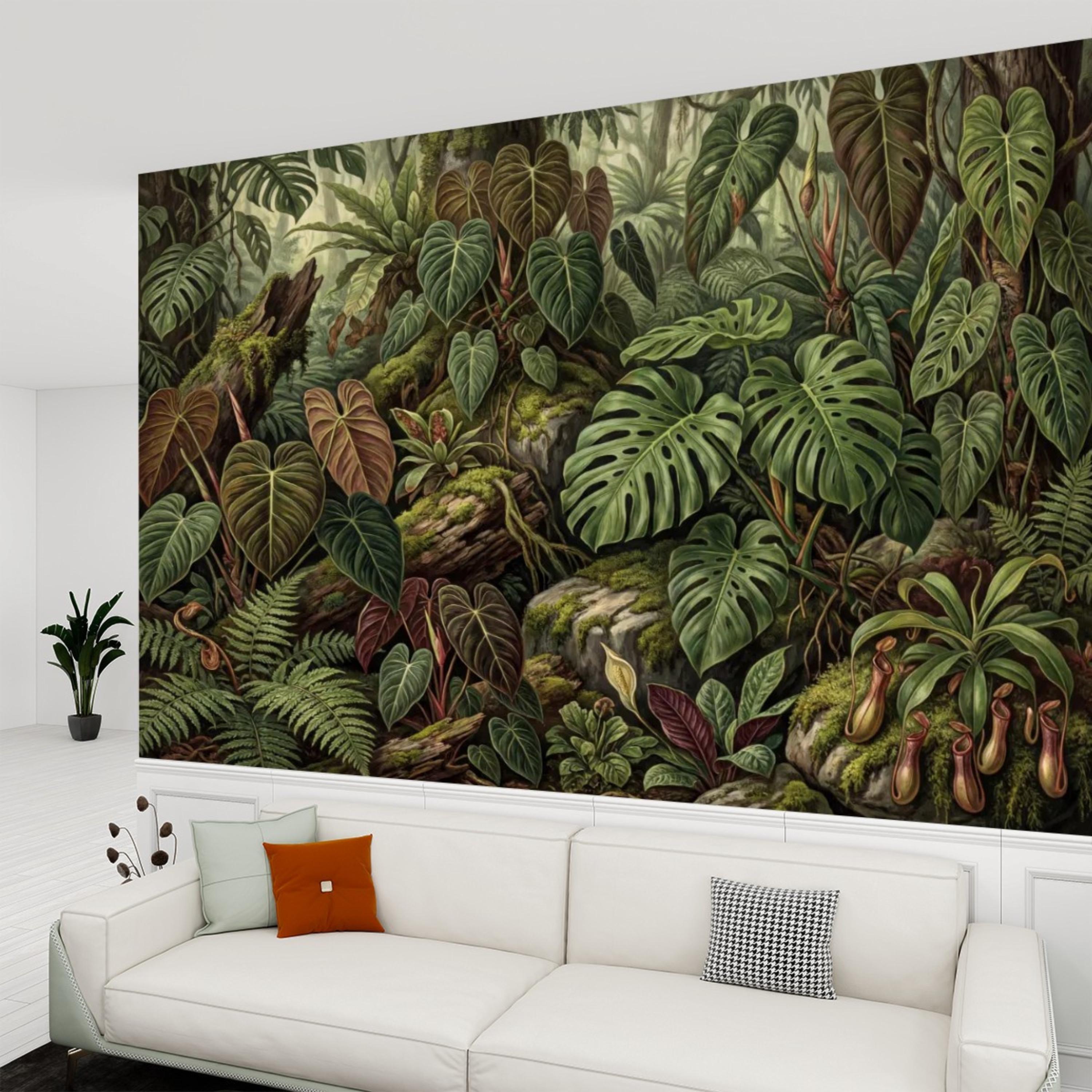 Dark Tropical Peel and Stick Wall Mural, Monstera Jungle Wallpaper, Lush Rainforest Botanical Leaves, Moody Green Wall Decor