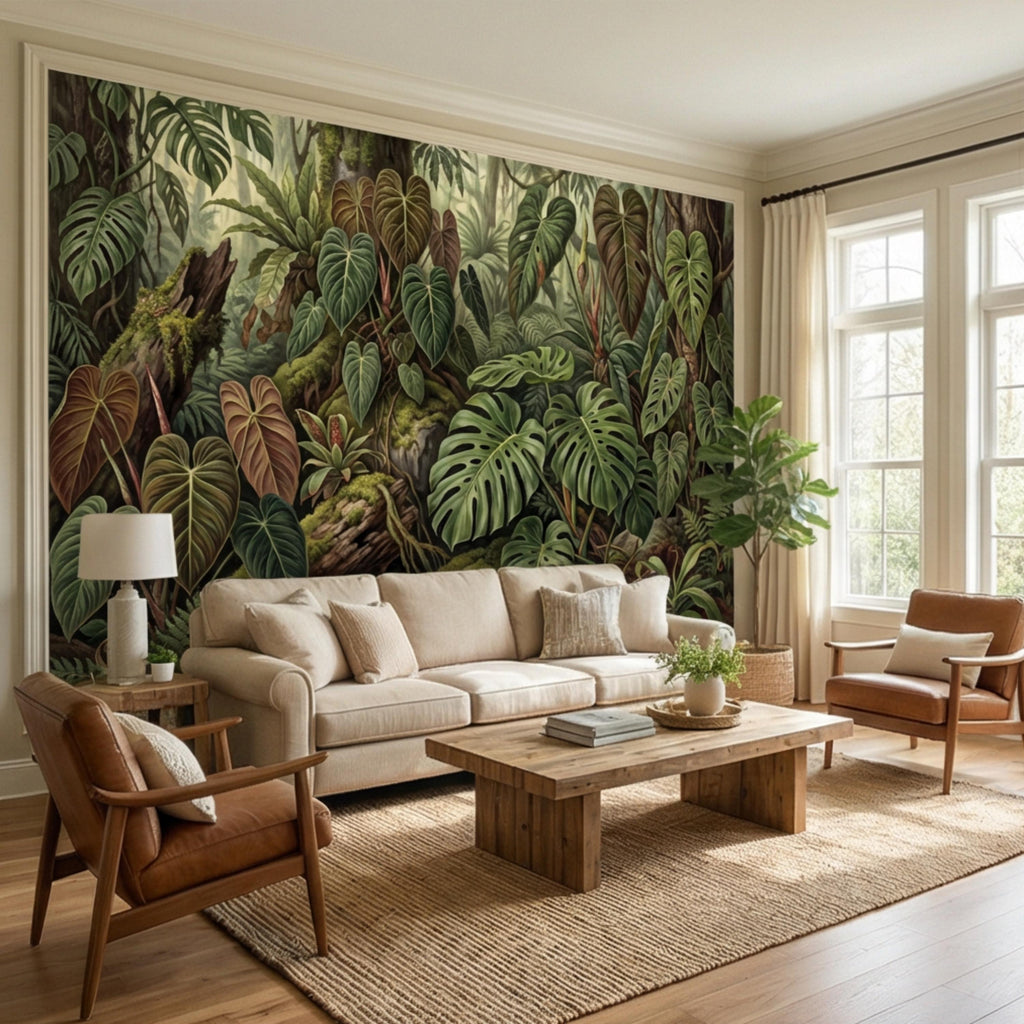 Dark Tropical Peel and Stick Wall Mural, Monstera Jungle Wallpaper, Lush Rainforest Botanical Leaves, Moody Green Wall Decor