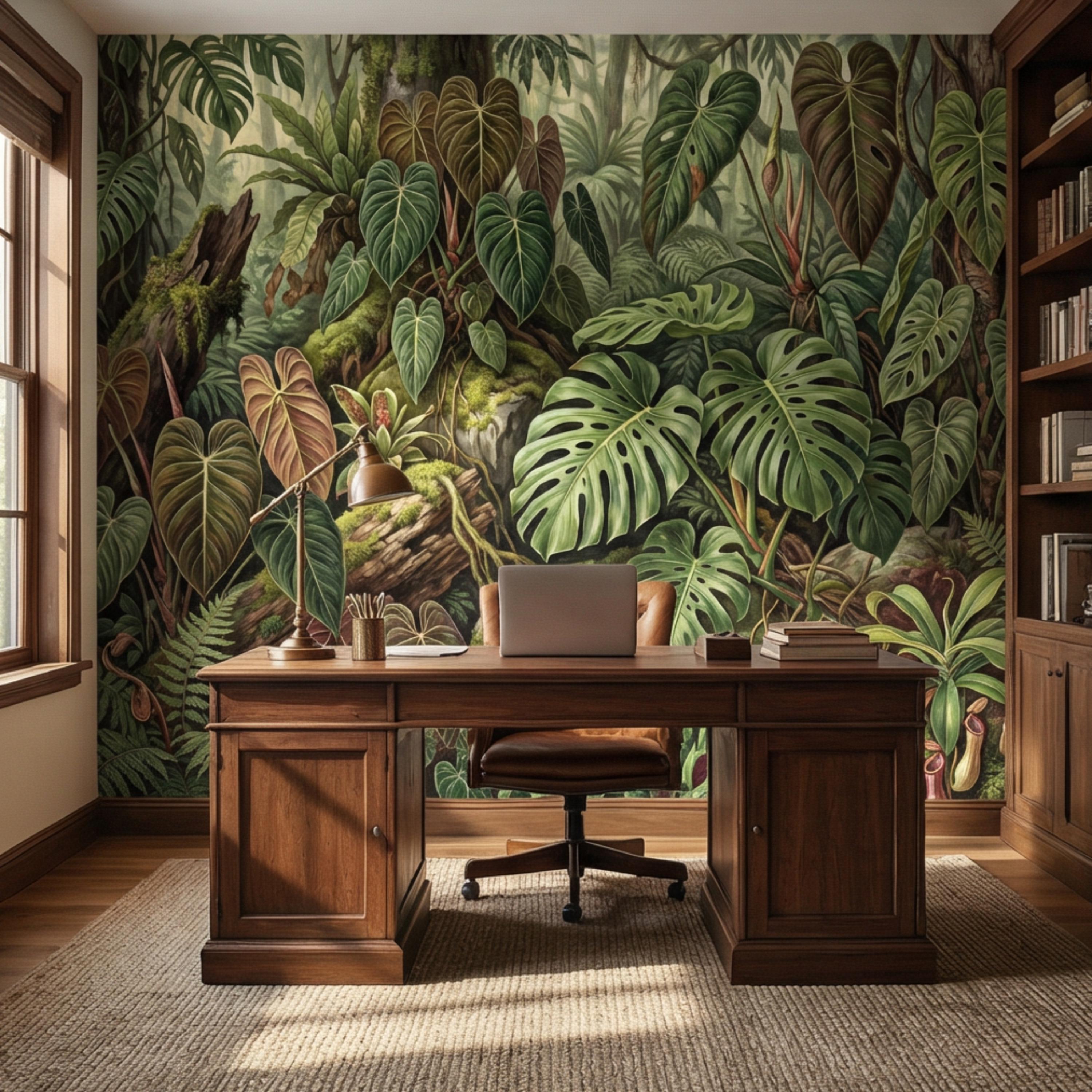 Dark Tropical Peel and Stick Wall Mural, Monstera Jungle Wallpaper, Lush Rainforest Botanical Leaves, Moody Green Wall Decor
